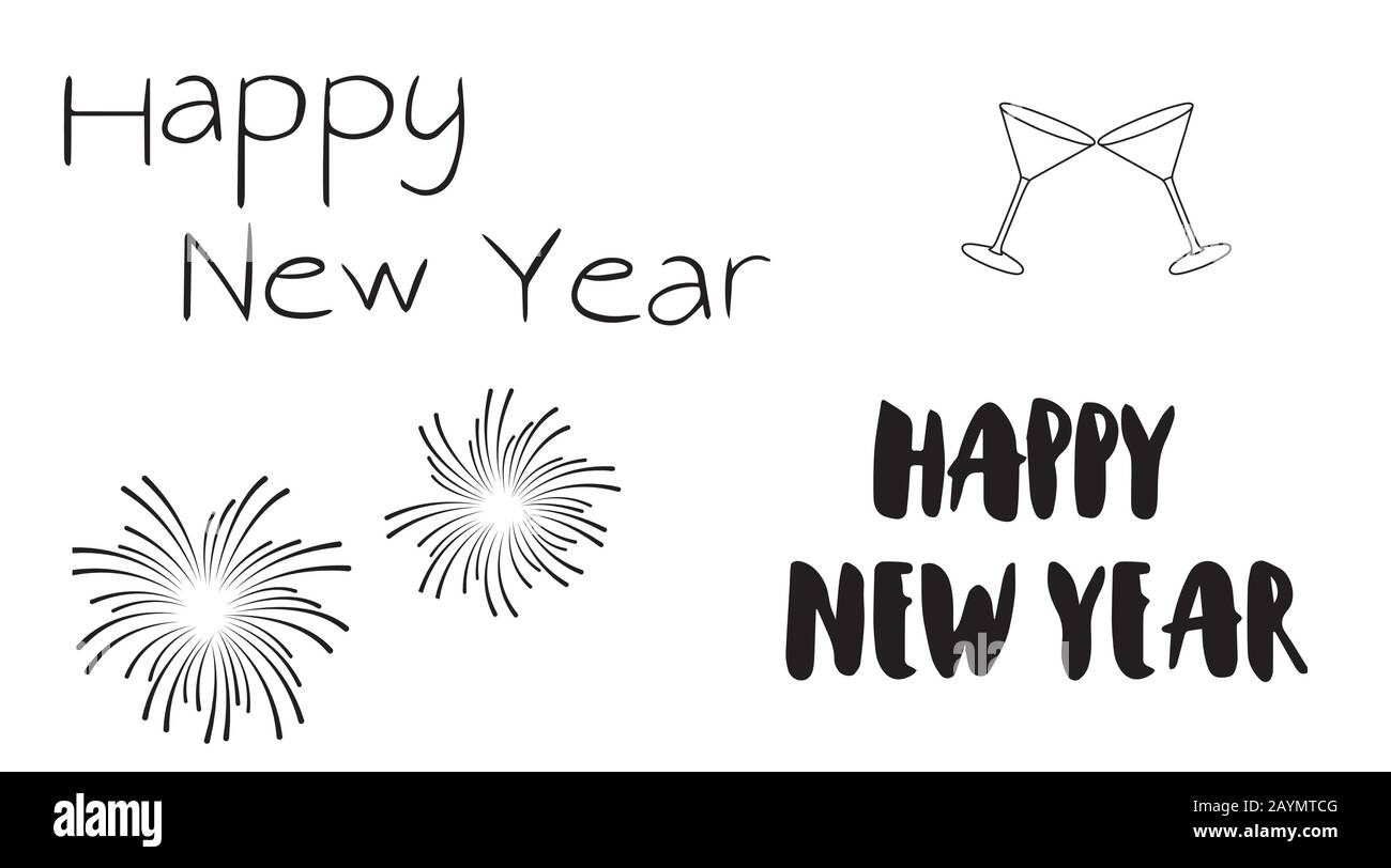 Lettrage au stylo à brosse dessinée à la main. Bonne année, feu et lunettes de soleil disant santé. Conception pour cartes de vœux, invitations et arrière-plans de vacances. Illustration de Vecteur