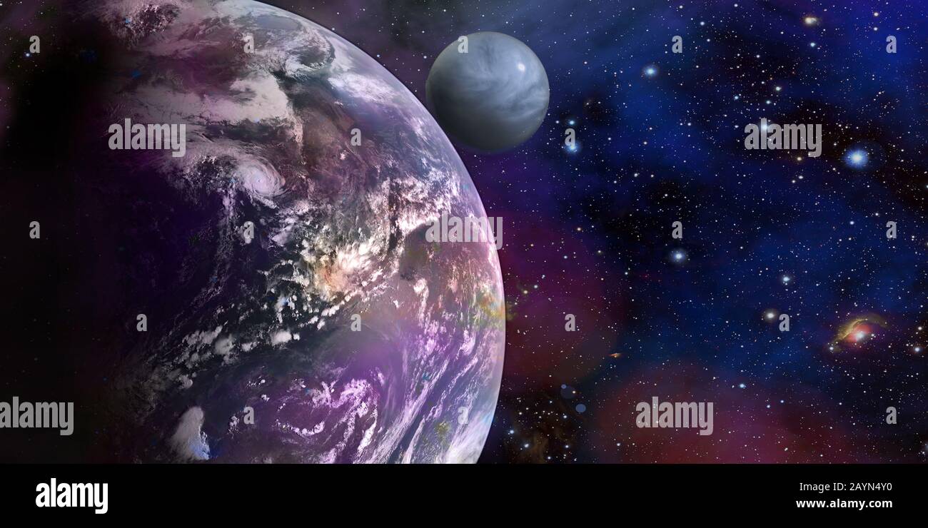 Planète rose avec satellite dans un arrière-plan cosmique de fantaisie d'espace profond. Illustration tridimensionnelle. Éléments de cette image fournie par la NASA Banque D'Images