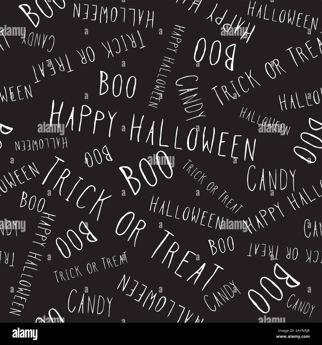 Lettres à la main Halloween. Motif de répétition manuscrite sans couture blanc sur fond noir. Vecteur. Illustration de Vecteur
