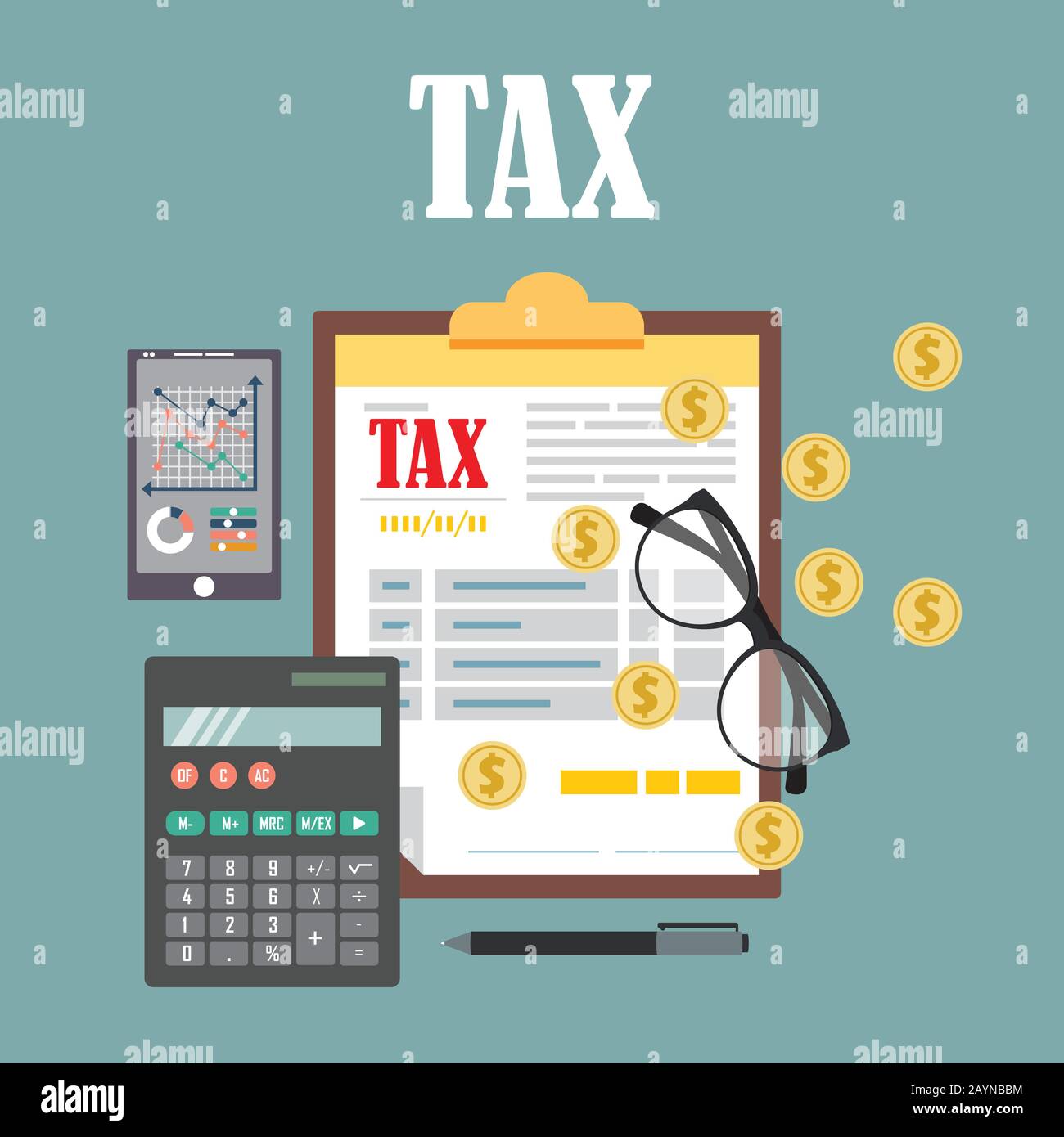 Concept d'audit. Conception réaliste de la comptabilité, de la recherche, du calcul, de la planification, de la gestion, de l'analyse financière, des données. Vue de dessus. Contexte commercial Illustration de Vecteur