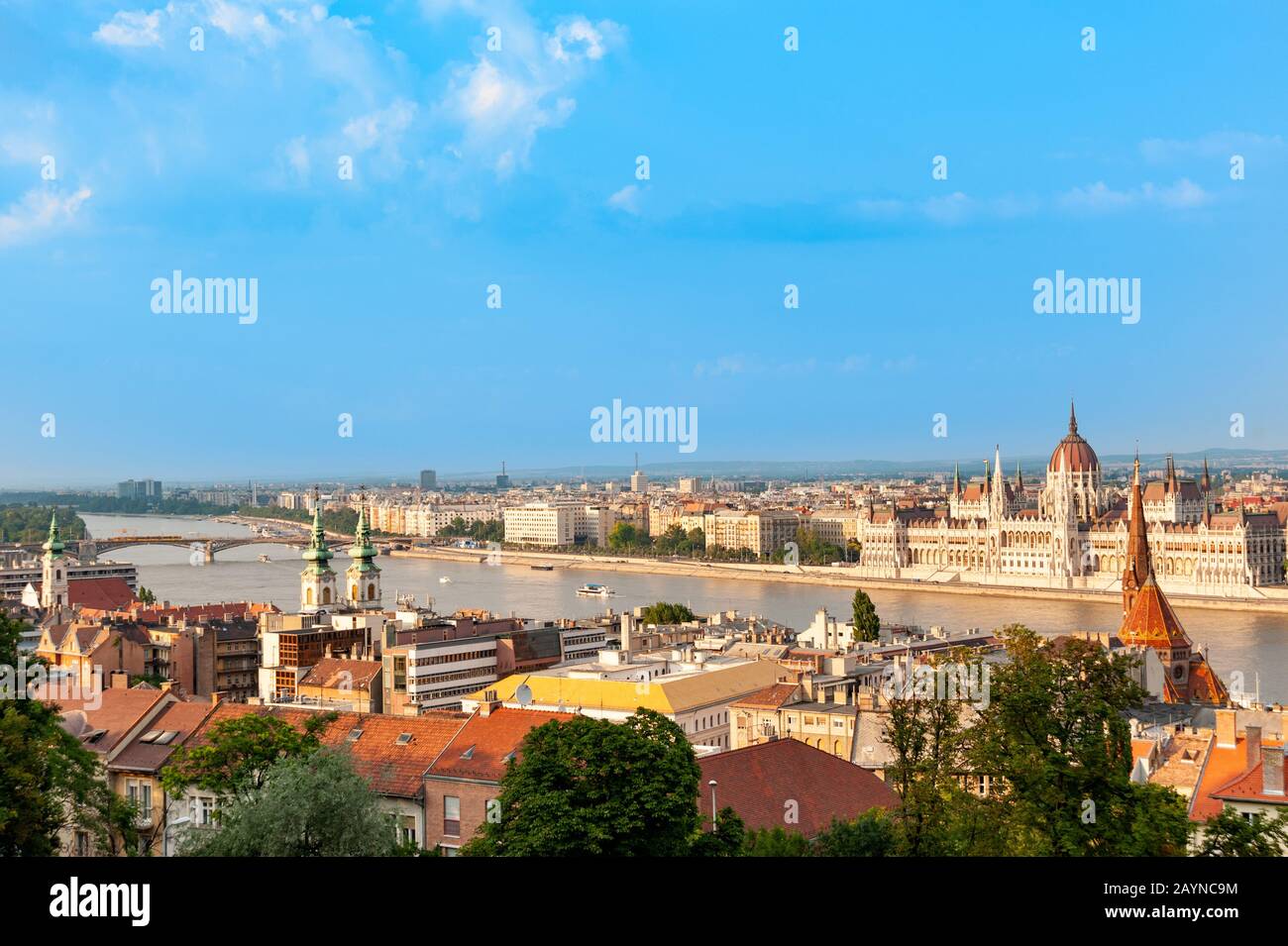 Vue sur le Danube et le Parlement hongrois, Budapest, Hongrie Banque D'Images