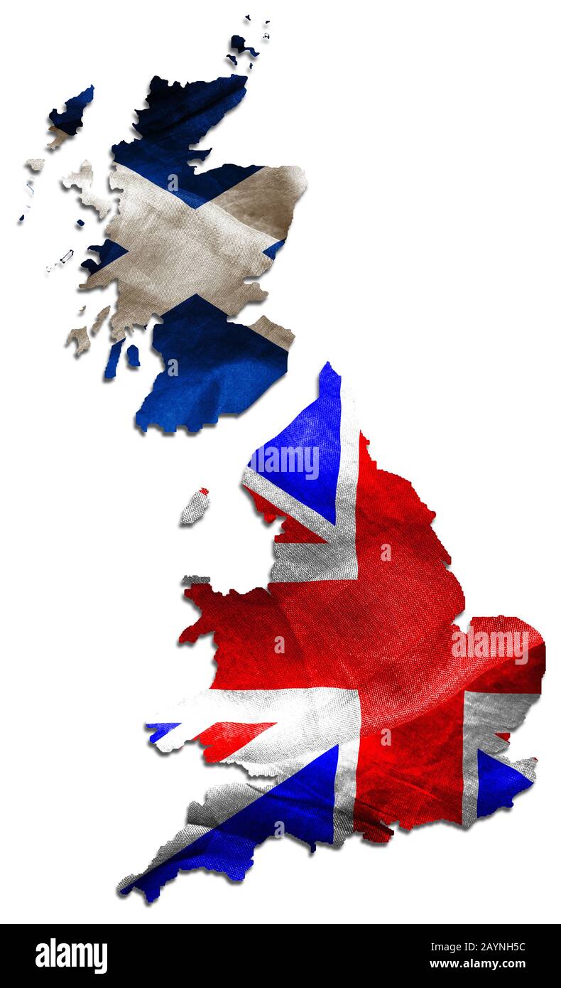 L'indépendance écossaise du Royaume-Uni illustrée par les contours du pays avec une texture de drapeau sur un fond blanc isolé Banque D'Images