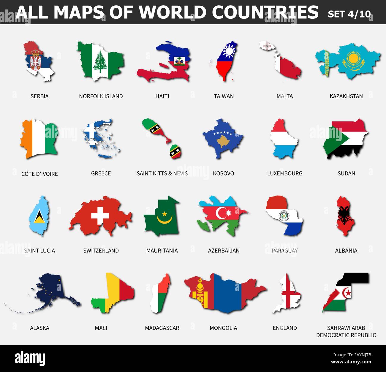 Toutes les cartes des pays et drapeaux du monde . Jeu 4 de 10 . Collection de la forme du contour de la carte internationale de pays avec ombre . Conception plate . Vecteur . Illustration de Vecteur