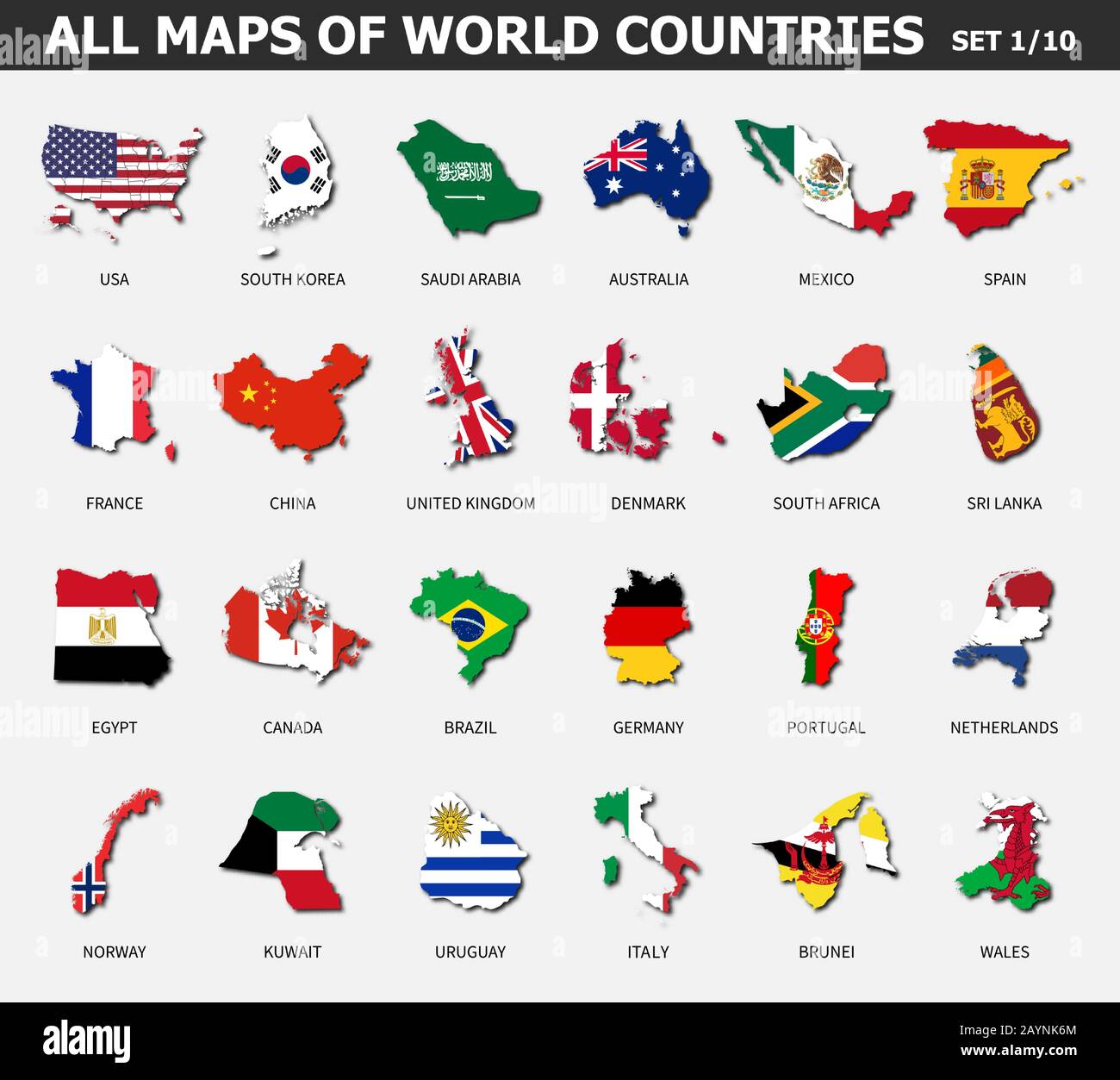 Toutes les cartes des pays et drapeaux du monde . Jeu 1 de 10 . Collection de la forme du contour de la carte internationale de pays avec ombre . Conception plate . Vecteur . Illustration de Vecteur