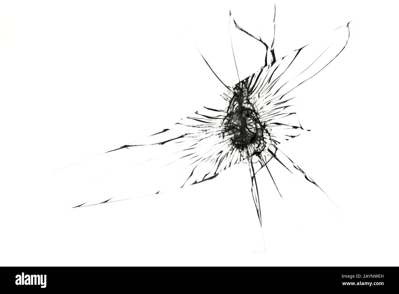 Fissures sur un verre cassé isolé sur fond blanc. Illustration de la conception. Banque D'Images