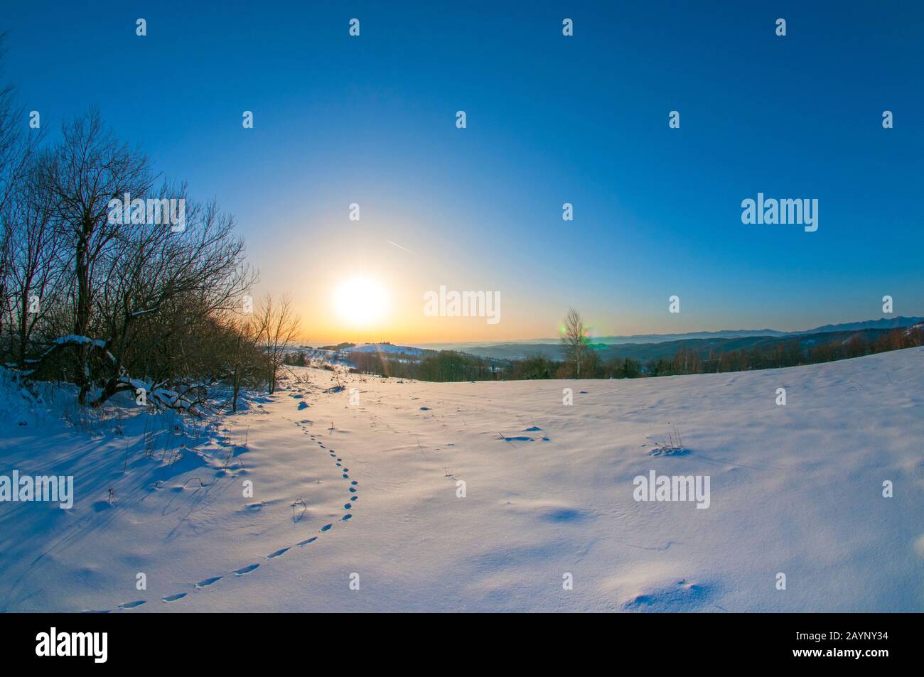 lever du soleil dans les montagnes d'hiver par une journée ensoleillée Banque D'Images