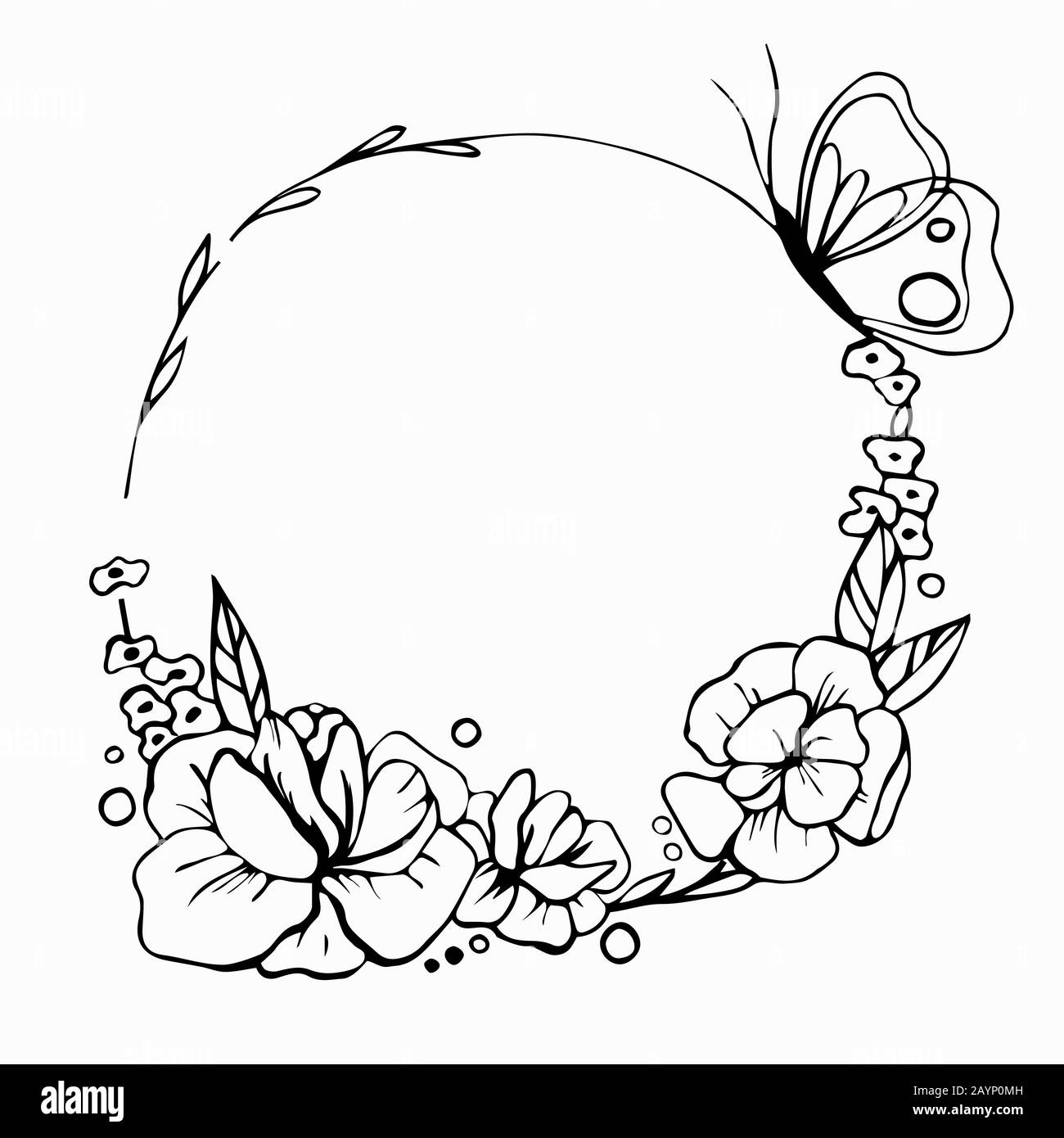 Illustration florale noire et blanche. Fleurs vectorielles en cercle. Fleur de printemps. Carte linéaire dessinée à la main Illustration de Vecteur