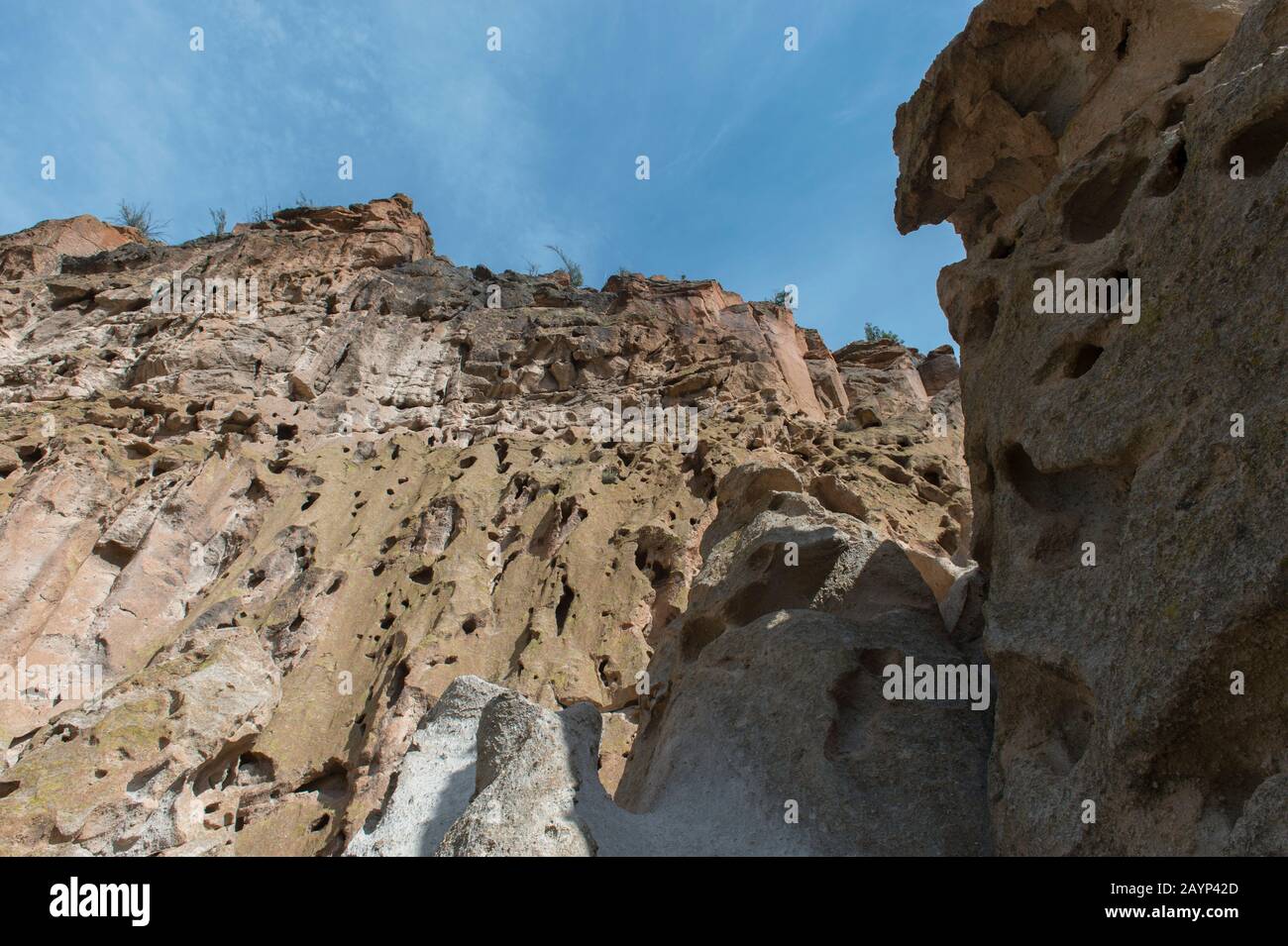 Vue sur le côté de la falaise avec des logements au monument national de Bandelier près de Los Alamos, Nouveau-Mexique, États-Unis. Banque D'Images