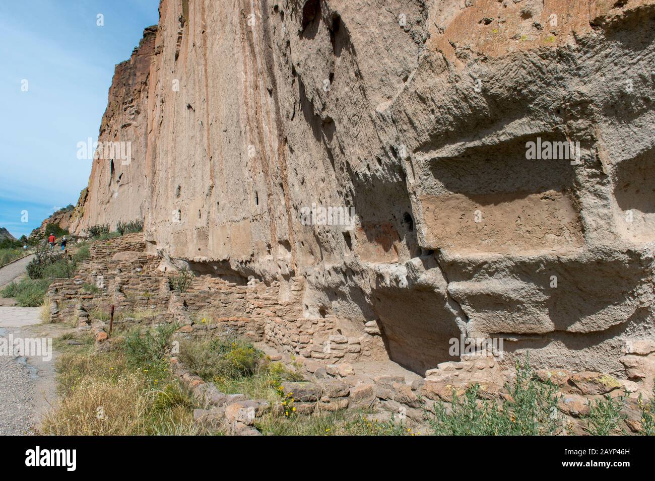 The long House aux anciennes falaises de Frijoles Canyon, monument national de Bandelier près de Los Alamos, Nouveau Mexique, États-Unis. Banque D'Images