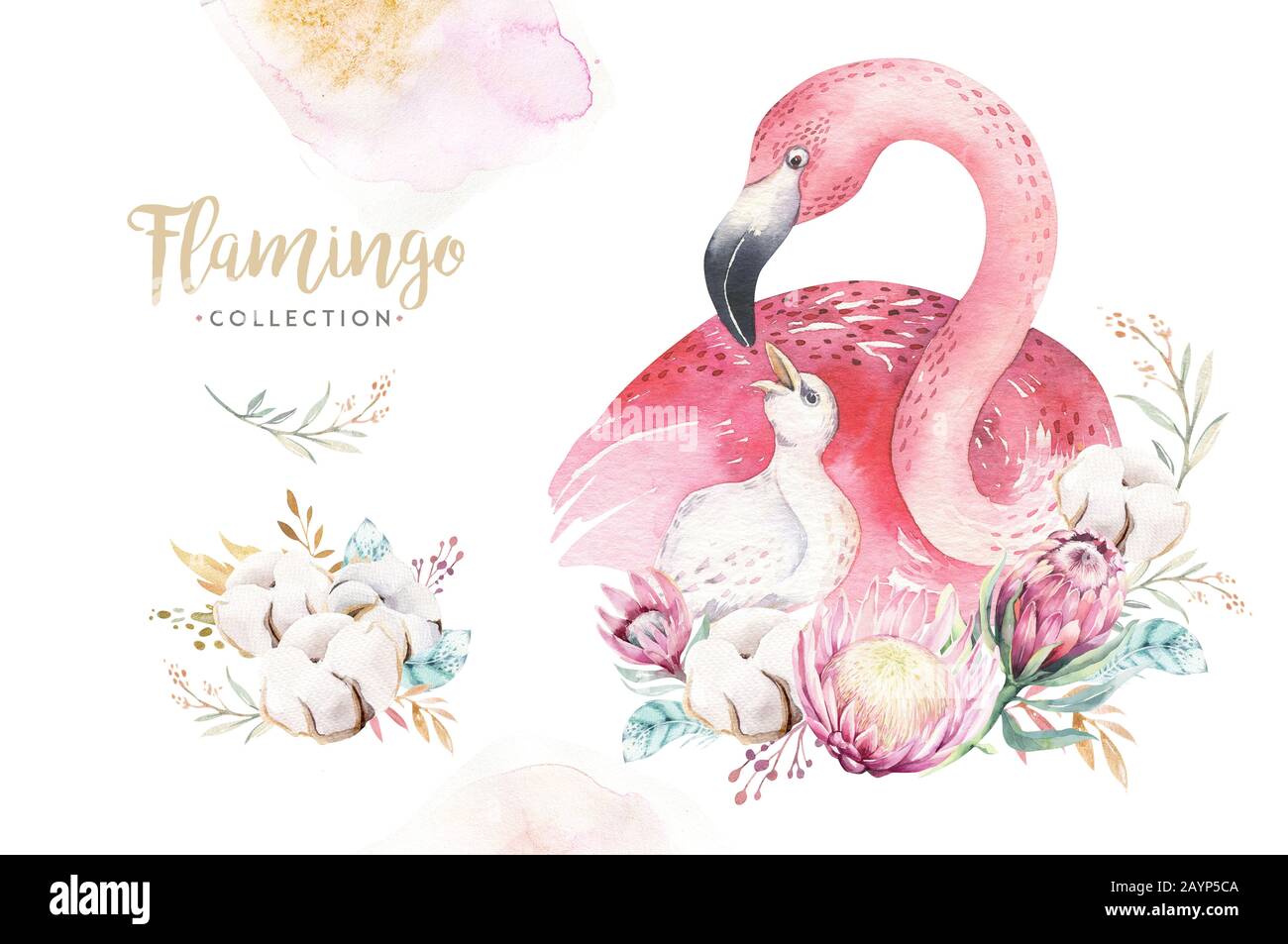 Aquarelle cute cartoon illustration avec maman et bébé mignon flamingo, feuilles de fleurs. Mère et bébé oiseau illustration design. Maman oiseau tropical dec Banque D'Images