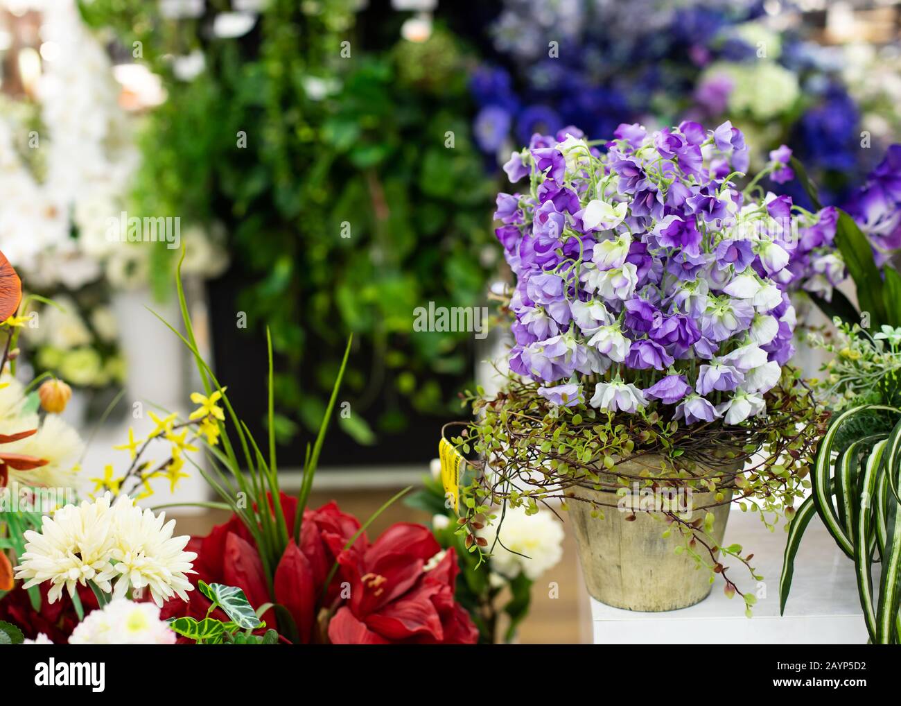 Belle fleur de pois doux bleus dans un pot. Décoration intérieure,  décoration intérieure, plantes en pots. Tissu brillant fausse fleur. Fleurs  artificielles pour l'intérieur de Photo Stock - Alamy