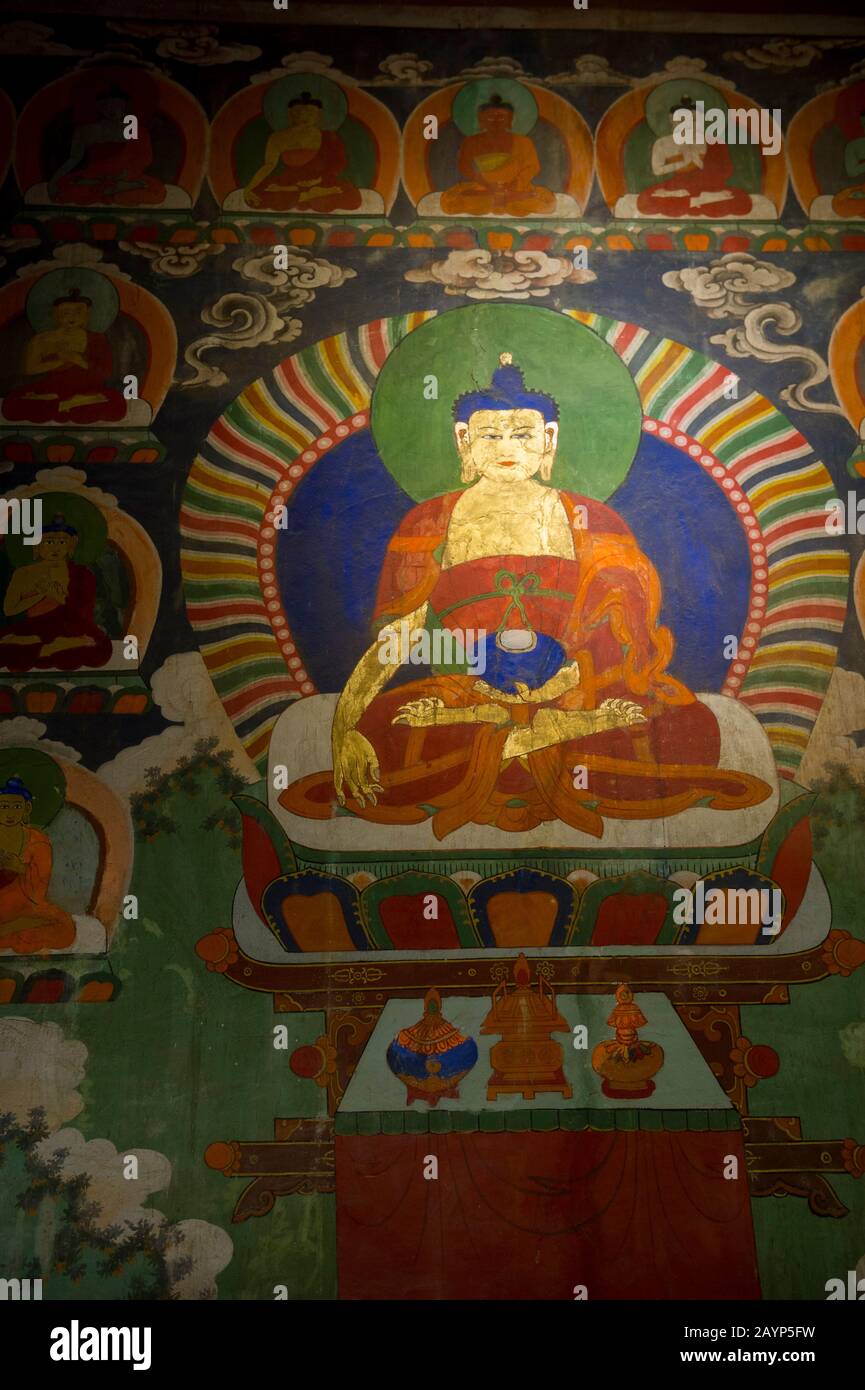 Peintures murales à l'intérieur du temple de Zuu dans l'est, partie du monastère d'Erdene Zuu à Kharakhorum, Mongolie, Mongolias plus grand monastère, (UNESCO W Banque D'Images