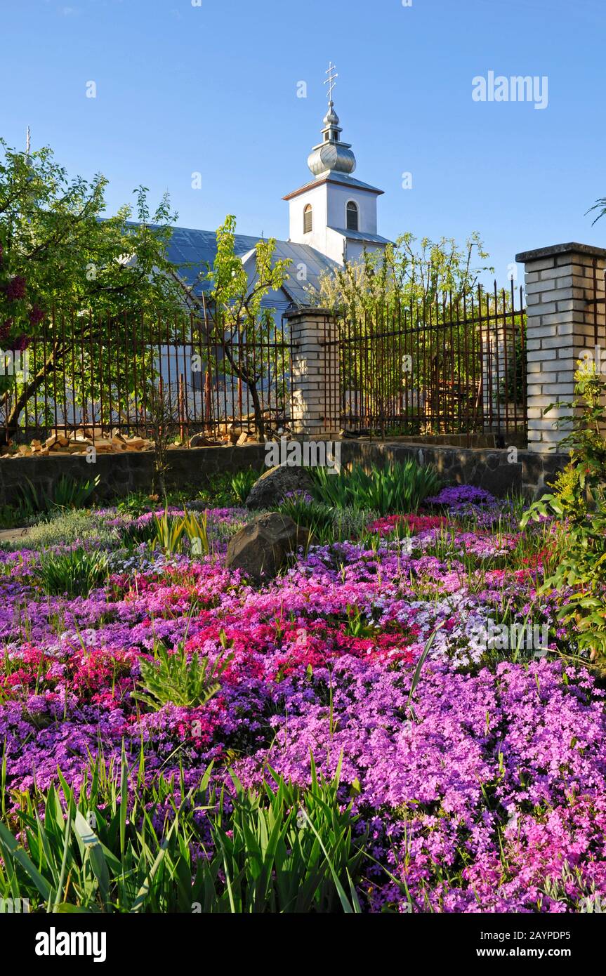 Paysage design autour de l'église avec de belles fleurs sur l'arrière-plan du ciel bleu Banque D'Images