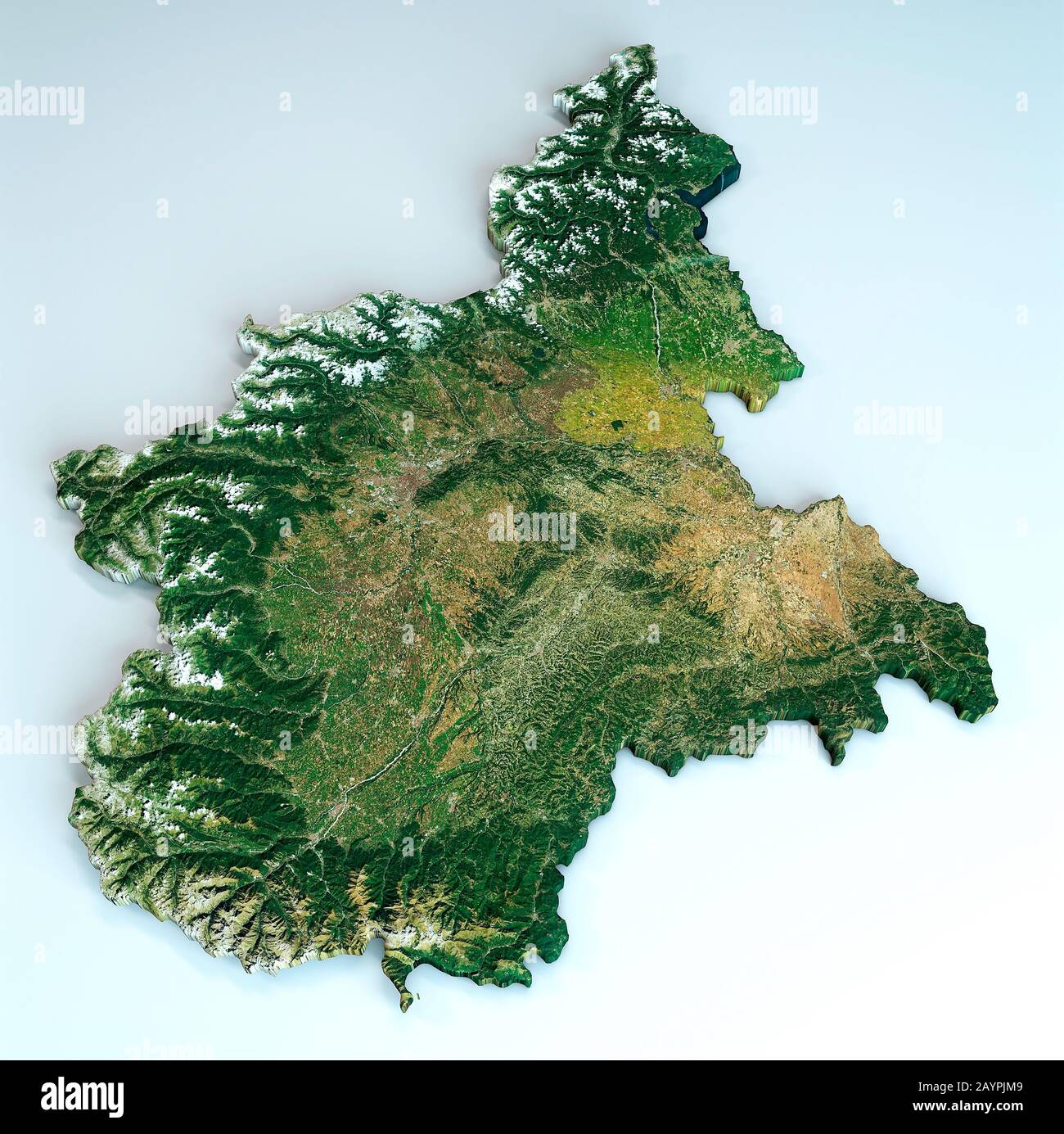 Vue par satellite de la région du Piémont. Italie. rendu tridimensionnel. Carte physique du Piémont, des plaines, des montagnes, des lacs, des montagnes des Alpes Banque D'Images