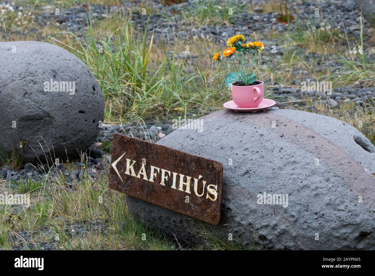 Signe pointant vers Gamla Rif, qui est un café dans la plus ancienne maison de Rif, un petit village de pêche sur la péninsule de Snaefellsnes dans l'ouest de l'Islande. Banque D'Images