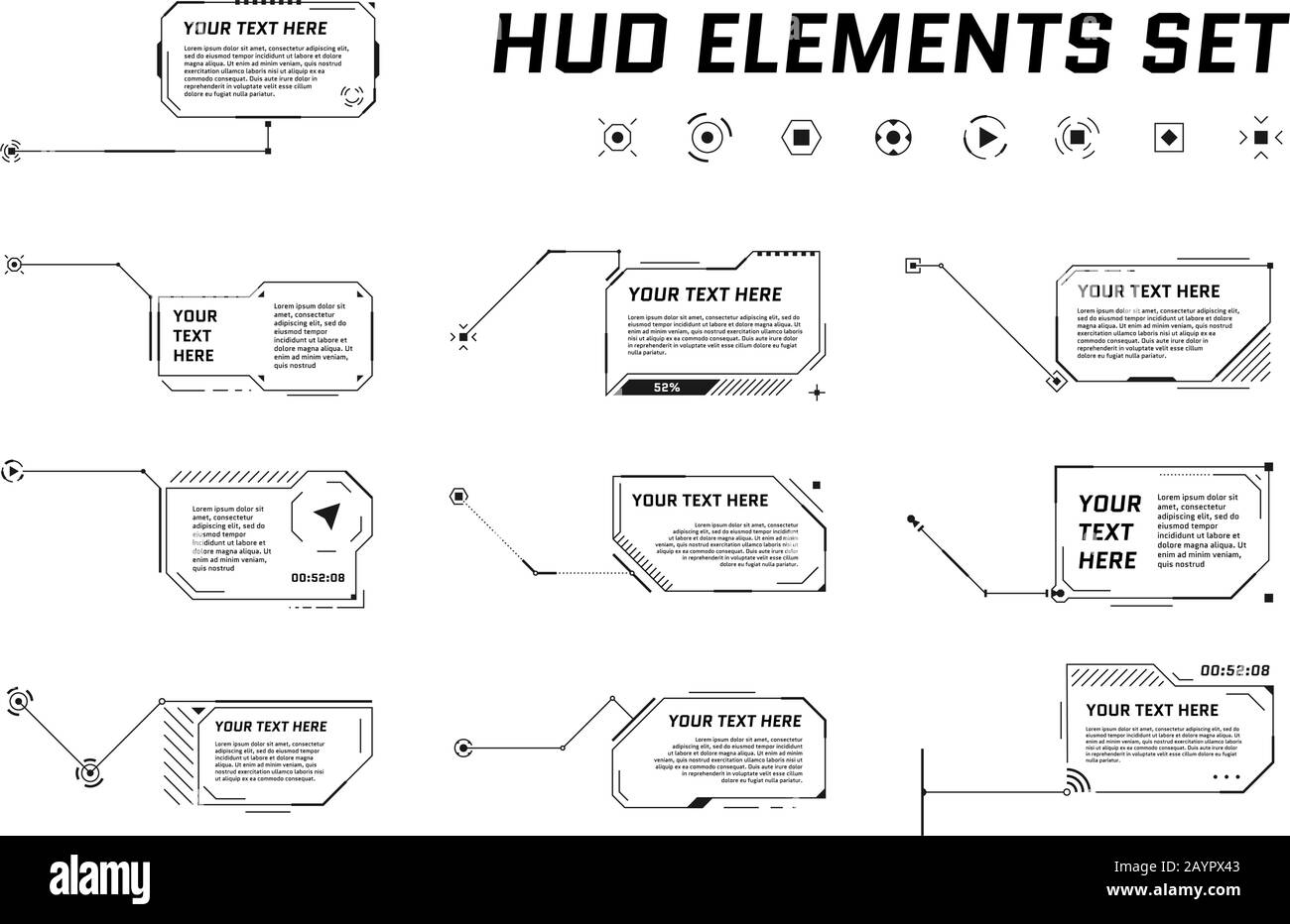 Titres de légende futuristes HUD sur fond blanc. Barres de flèches d'appel d'informations et modèles de mise en page de cadre noir d'informations numériques modernes. Interface utilisateur et ensemble d'éléments de l'interface utilisateur graphique. Illustration vectorielle Illustration de Vecteur