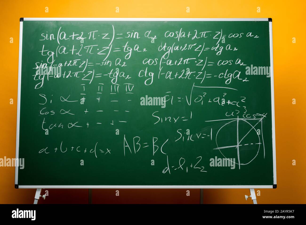 tableau de surveillance vert avec formules mathématiques en orange Banque D'Images