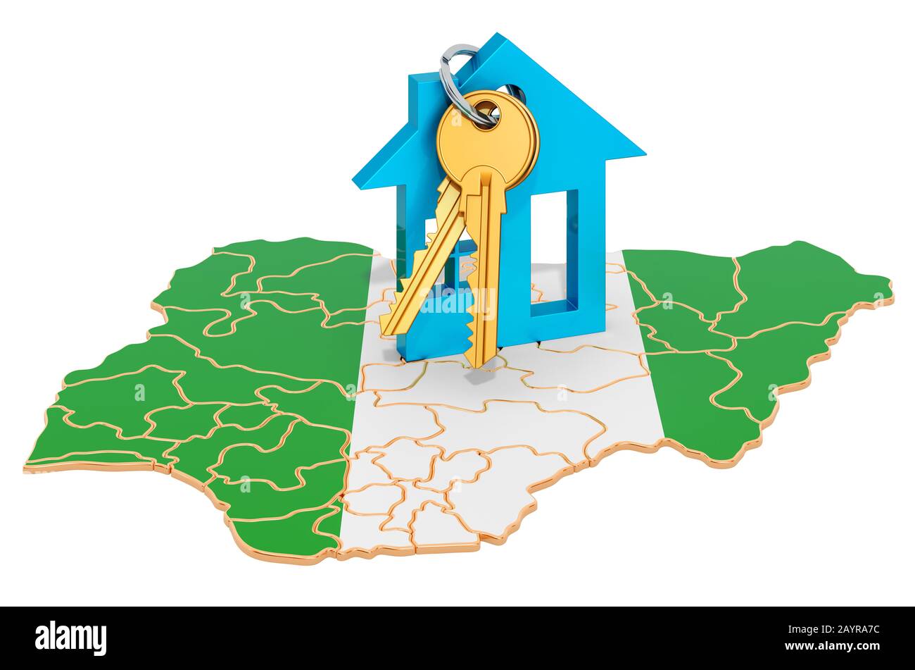 Concept immobilier au Nigeria. Biens à vendre, à louer ou à louer. Rendu 3D isolé sur fond blanc Banque D'Images