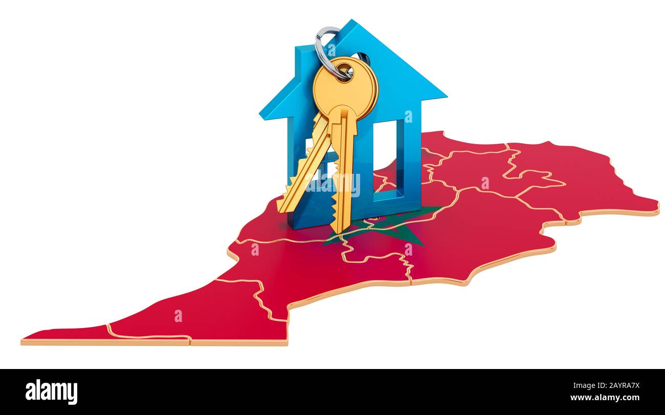 Concept immobilier au Maroc. Biens à vendre, à louer ou à louer. Rendu 3D isolé sur fond blanc Banque D'Images