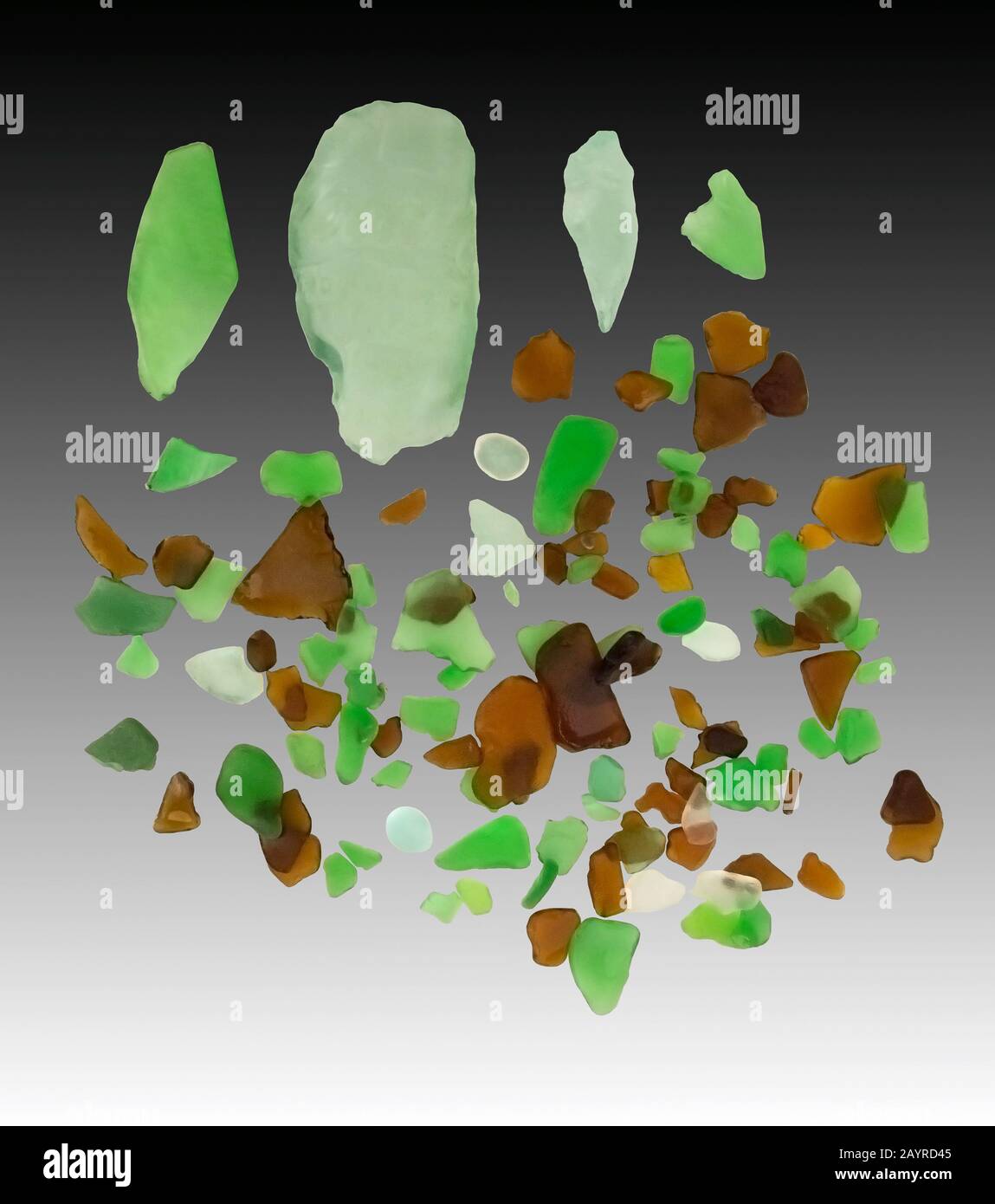 Un studio tourné d'une variété de morceaux de verre de mer vert et brun trouvé le long d'une plage d'océan dans le sud de la Californie, aux États-Unis Banque D'Images Un studio tourné d'une variété de morceaux de verre de mer vert et brun trouvé le long d'une plage d'océan dans le sud de la Californie, aux États-Unis Banque D'Images