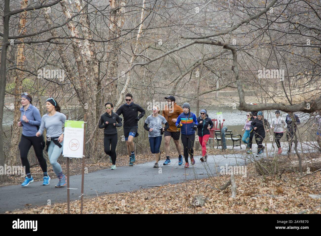 Jogging MeetUp Group organise un événement de course en hiver à Prospect Park, Brooklyn, New York. Banque D'Images