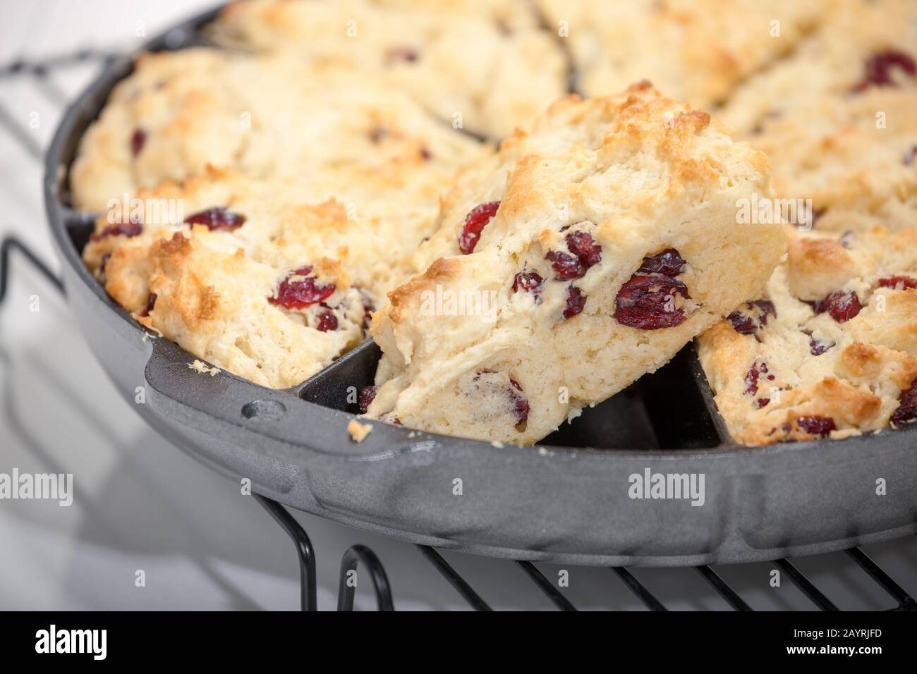 Maison fait canneberges et scones de citron dans une poêle à four scone, avec un coin sorti, reposant sur une grille de refroidissement Banque D'Images