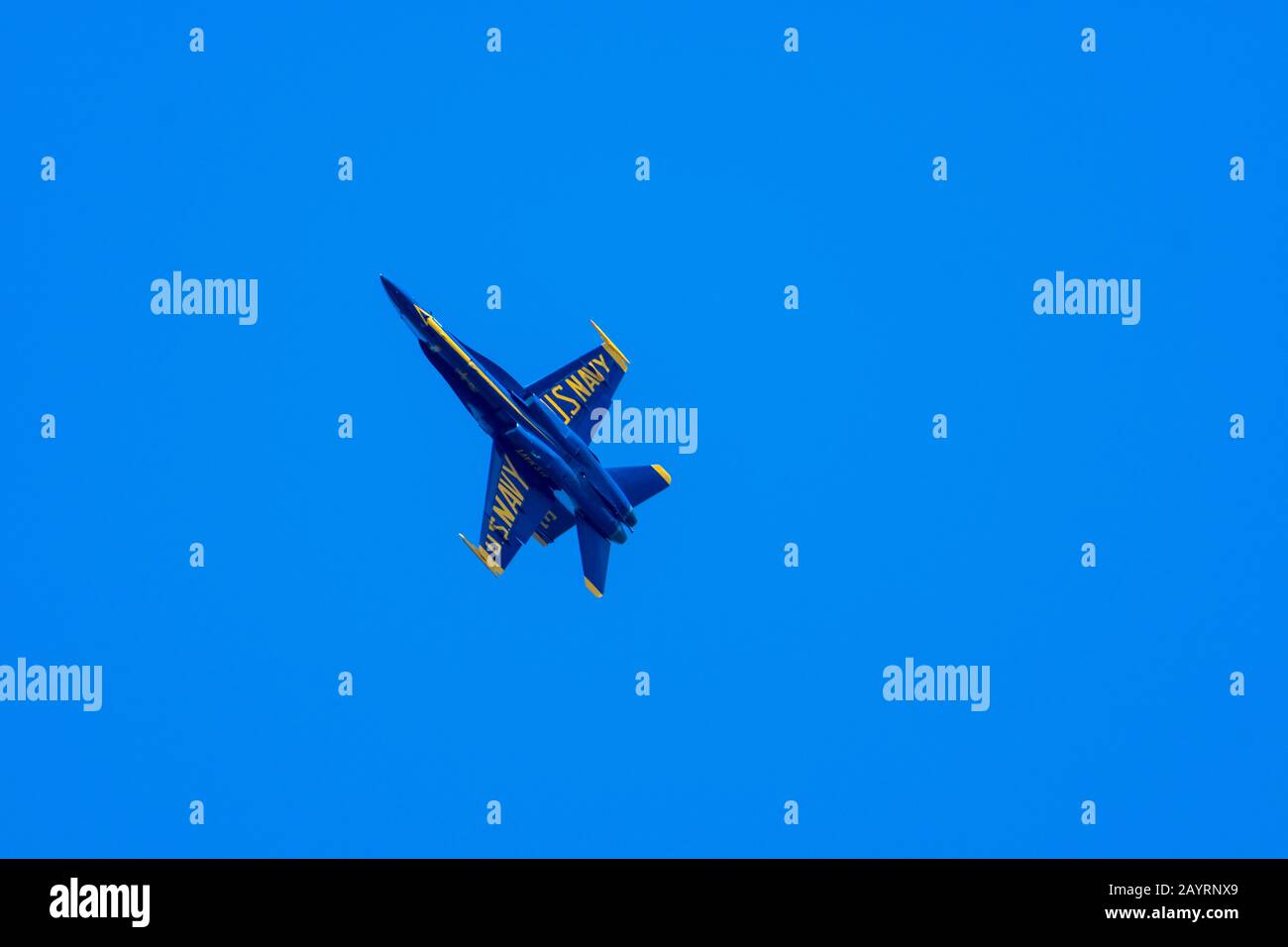 A Blue Angels F/A-18 Hornet survole le lac Washington à Seattle, dans l'État de Washington, aux États-Unis. Banque D'Images