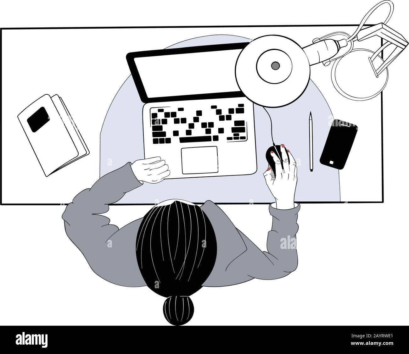 Vue de dessus d'une femme assise à un bureau travaillant sur son ordinateur portable - illustration simple dans des couleurs muettes Illustration de Vecteur