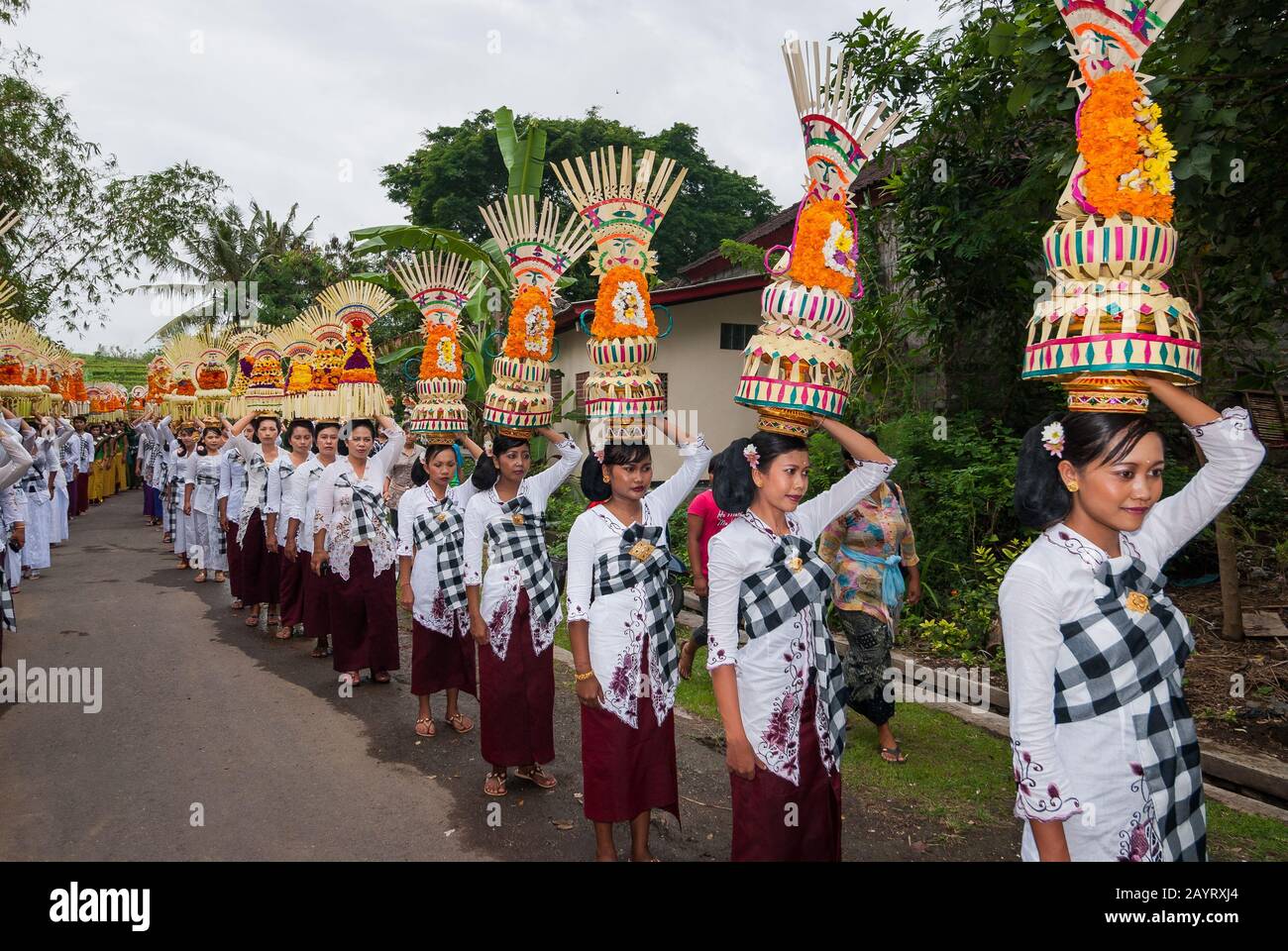 Bali, Indonésie - 26 juillet 2010: Groupe de femmes en costumes traditionnels et offre colorée sur leur tête marcher jusqu'au temple Saint Pura Tanah Lot. Banque D'Images