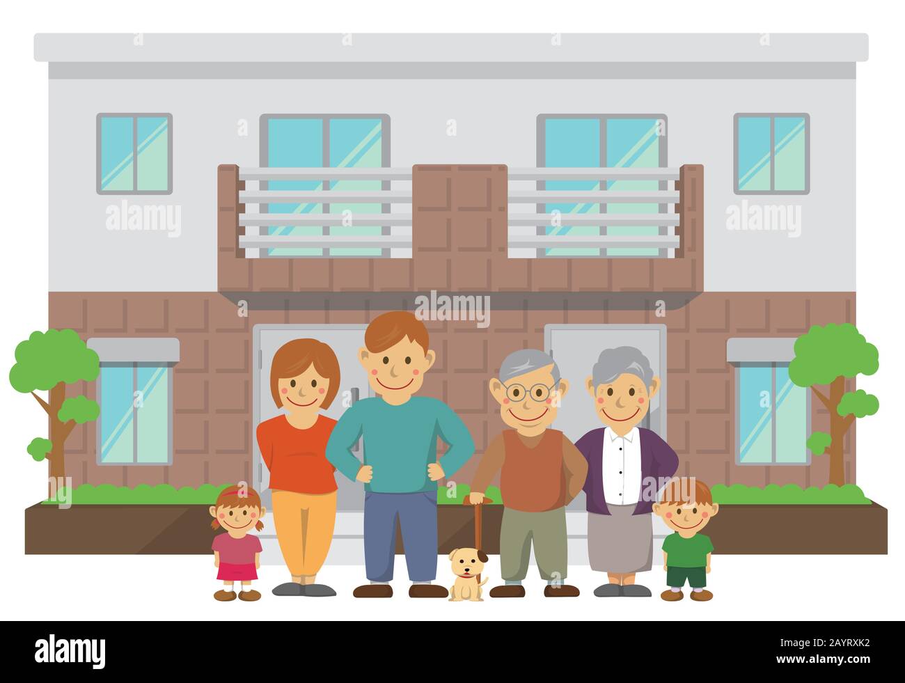 deux familles maison / duplex maison. illustration de la famille de 3 générations. Illustration de Vecteur
