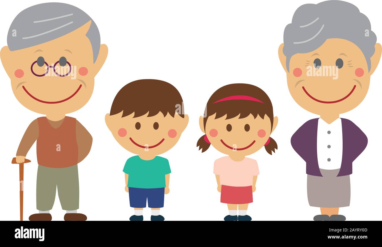 illustration vectorielle plate déformée de la famille de dessins animés (grands-parents et petits-enfants) se tenant dans une rangée (famille asiatique). Illustration de Vecteur