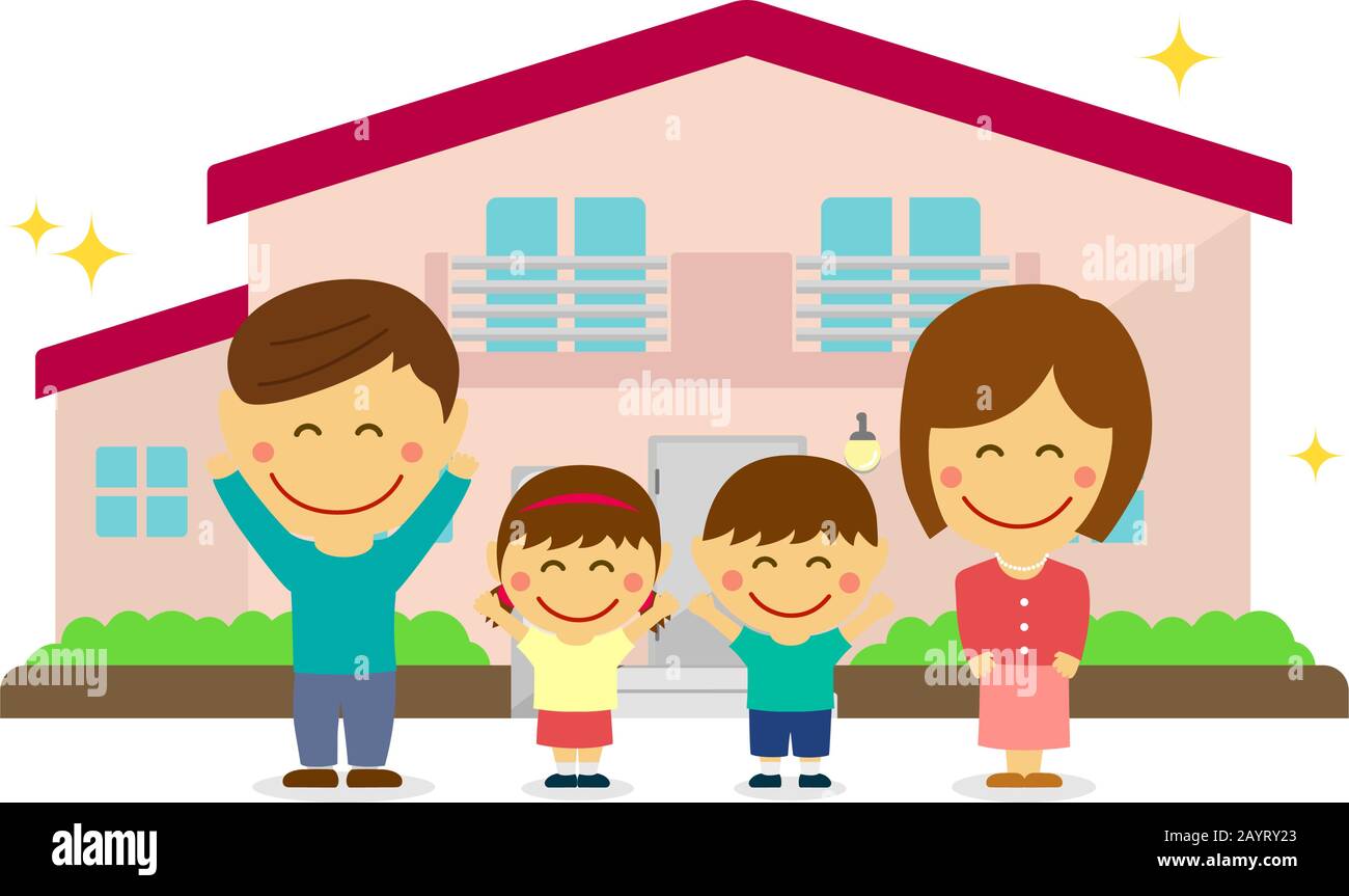 Famille heureuse (asiatique) et nouvelle maison. Llastration vectorielle plate (maison nouvellement construite). Illustration de Vecteur