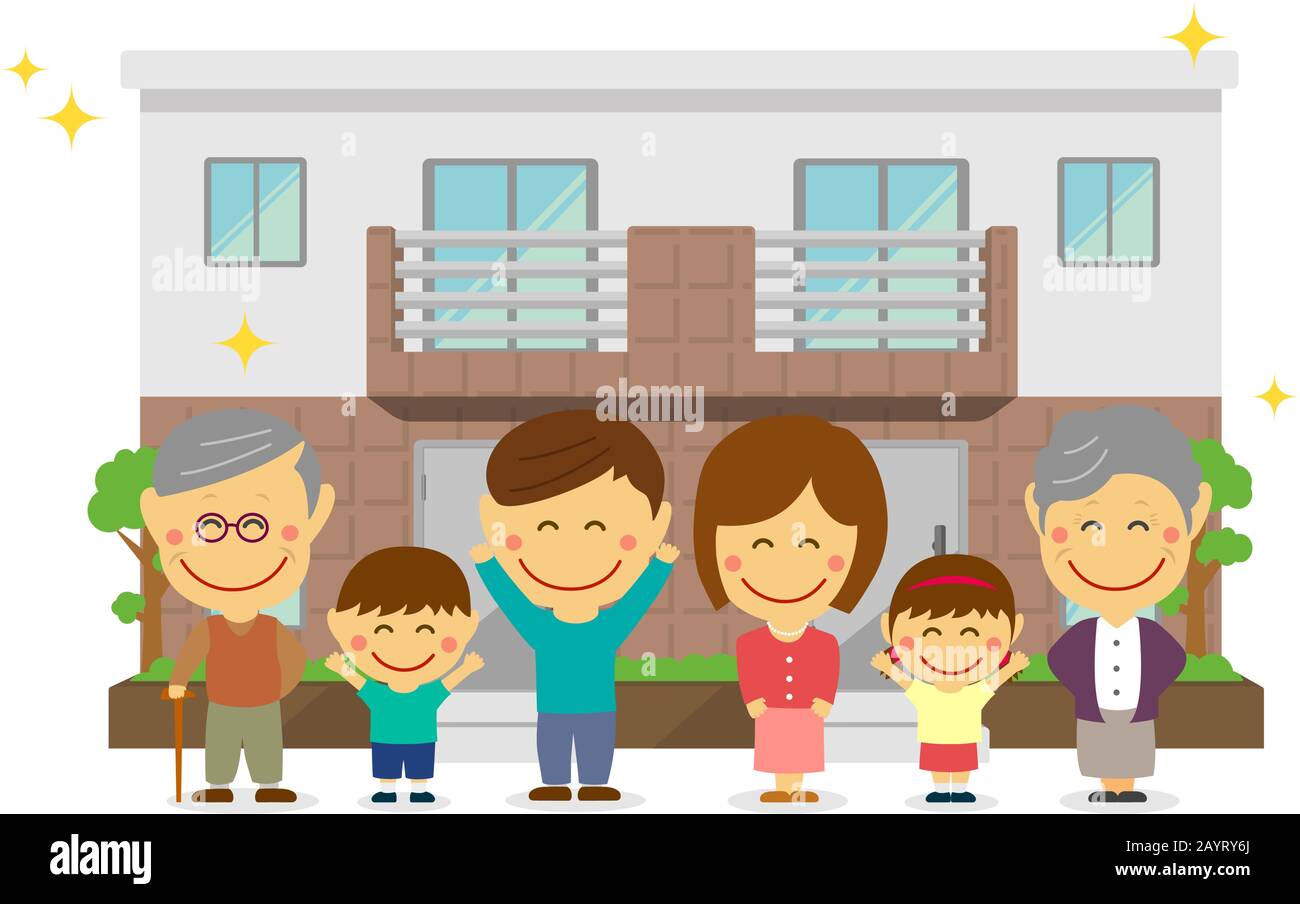 Famille heureuse (asiatique) et nouvelle maison. Llastration vectorielle plate (maison nouvellement construite). Illustration de Vecteur