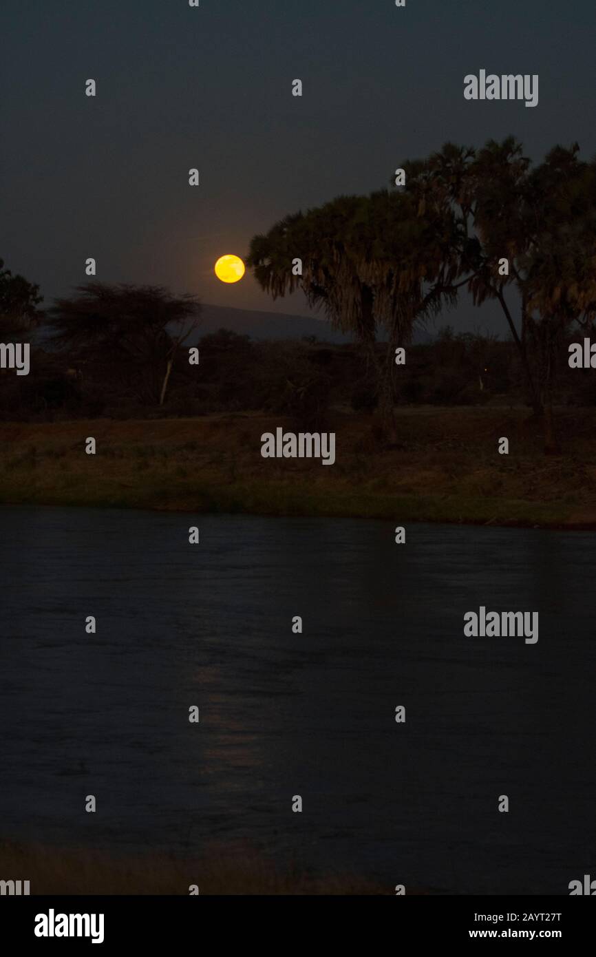 Pleine lune se levant sur la rivière Ewaso Ngiro dans La Réserve nationale de Samburu au Kenya. Banque D'Images