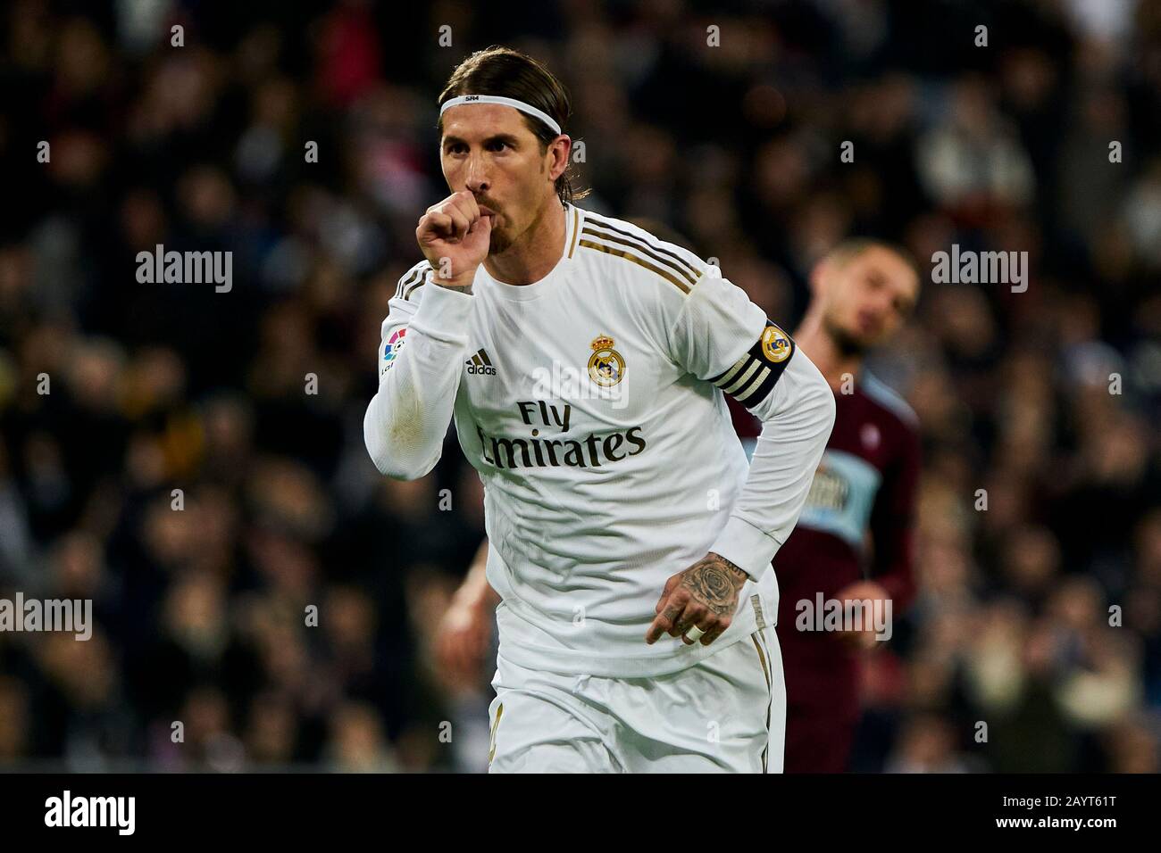 Sergio Ramos du Real Madrid célèbre un but lors du match de la Liga entre Le Real Madrid et le RC Celta de Vigo au stade Santiago Bernabeu de Madrid.(score final; Real Madrid 2:2 RC Celta de Vigo) Banque D'Images