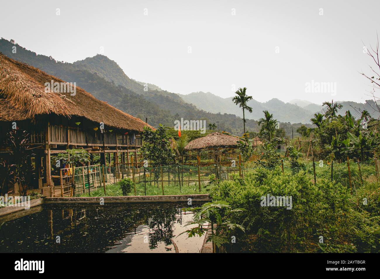 Une maison indigène indigène hmong avec les montagnes karstiques brumeuses en arrière-plan, montrant la vie quotidienne paisible et franche à Ha giang, Vietnam Banque D'Images