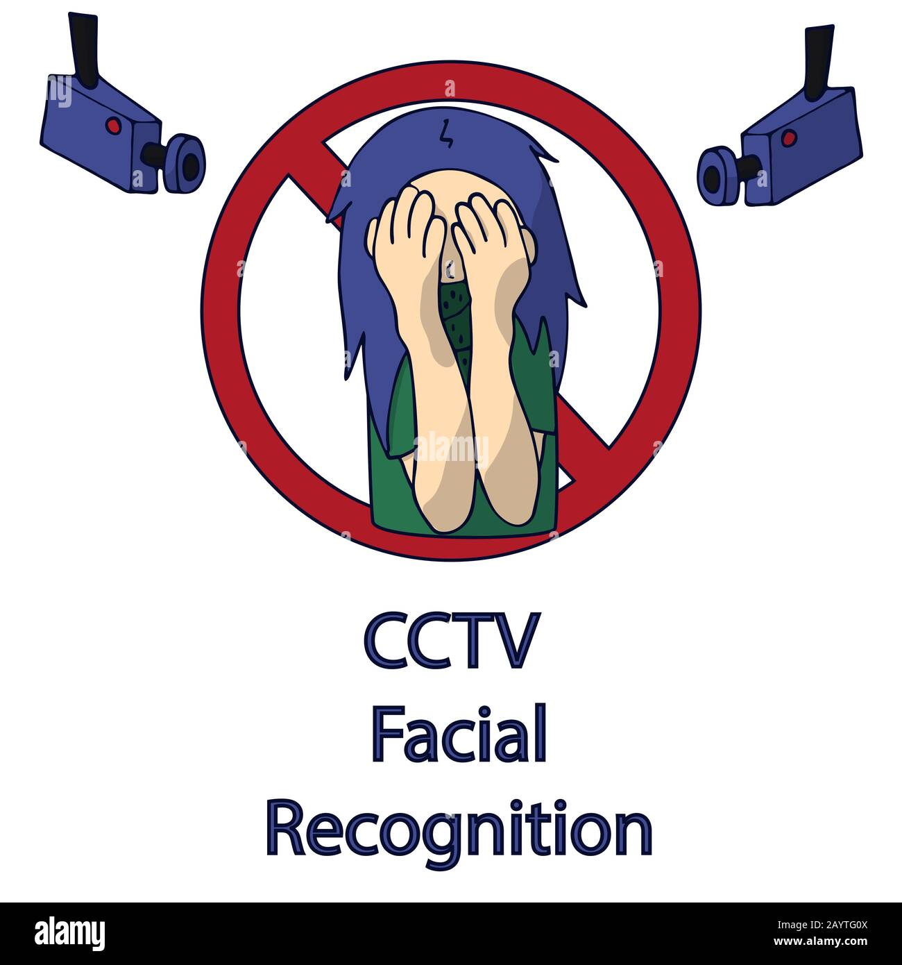 la femme masque son visage avec les mains des caméras de surveillance. interdire la reconnaissance faciale cctv. fond blanc illustration vectorielle de stock isolée Illustration de Vecteur