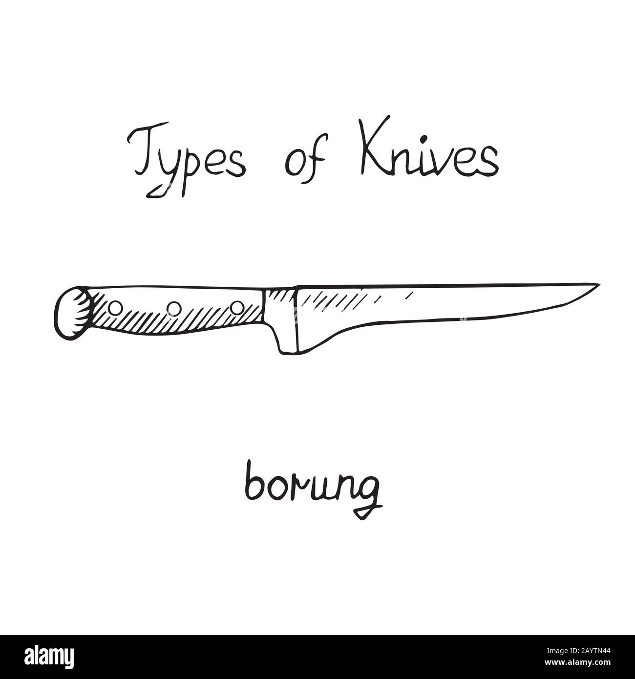 Types de couteaux, borung, illustration du contour avec inscription Banque D'Images