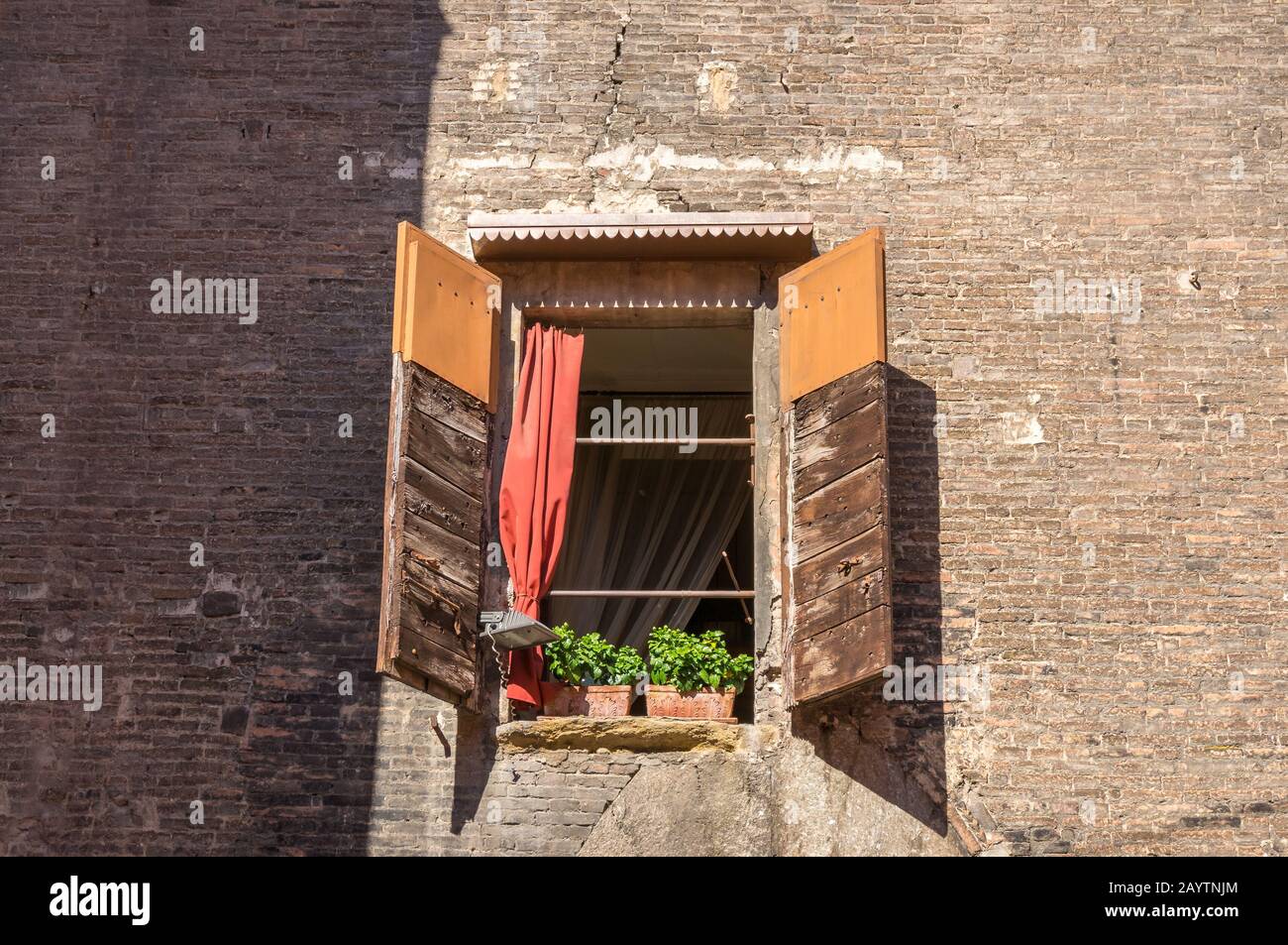 Mur de briques avec fenêtre avec stores ouverts et pots de fleurs avec plantes vertes sur le seuil de la fenêtre. Détails architecturaux de l'ancien bâtiment Banque D'Images