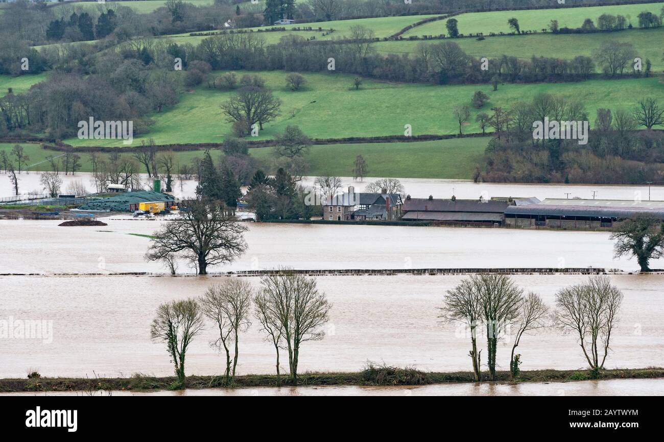 Vue sur la ferme Sheepcote à Clifford, Herefordshire, près de Hay-on-Wye, inondée par la rivière Wye à la suite de la tempête Dennis (16 février 2020) Banque D'Images