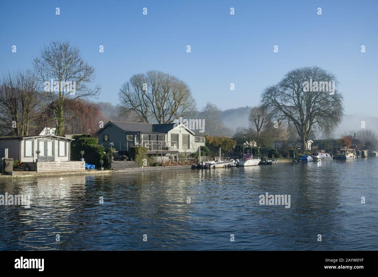 Île de Rod Eyot sur la Tamise à Henley-on-Thames, lors d'une matinée d'hiver ensoleillée avec un ciel bleu clair Banque D'Images