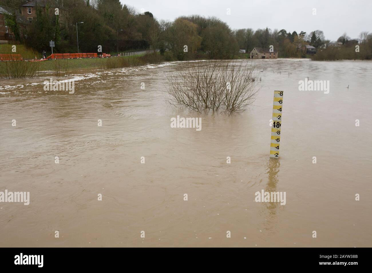 Un marqueur de niveau d'eau dans la rivière des inondations Stour près de Sturminster Newton qui a gonflé avec de l'eau suite à de fortes pluies de Storm Dennis. le stor Banque D'Images