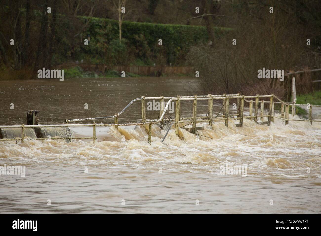 Un pont de pieds au-dessus de la rivière Dorset Stour à côté de l'usine de Sturminster qui a été immergé par l'eau après de fortes pluies causées par Storm Dennis. T Banque D'Images