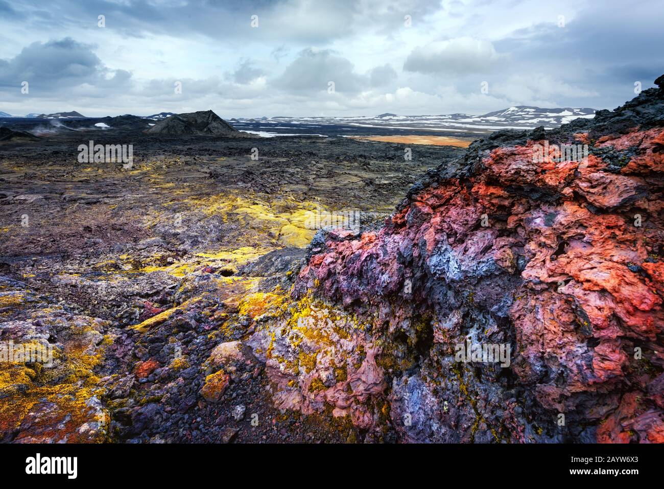 Champ de valas dans la vallée géothermique de Leirhnjukuur, près du volcan Krafla, Islande, Europe. Photographie de paysage Banque D'Images