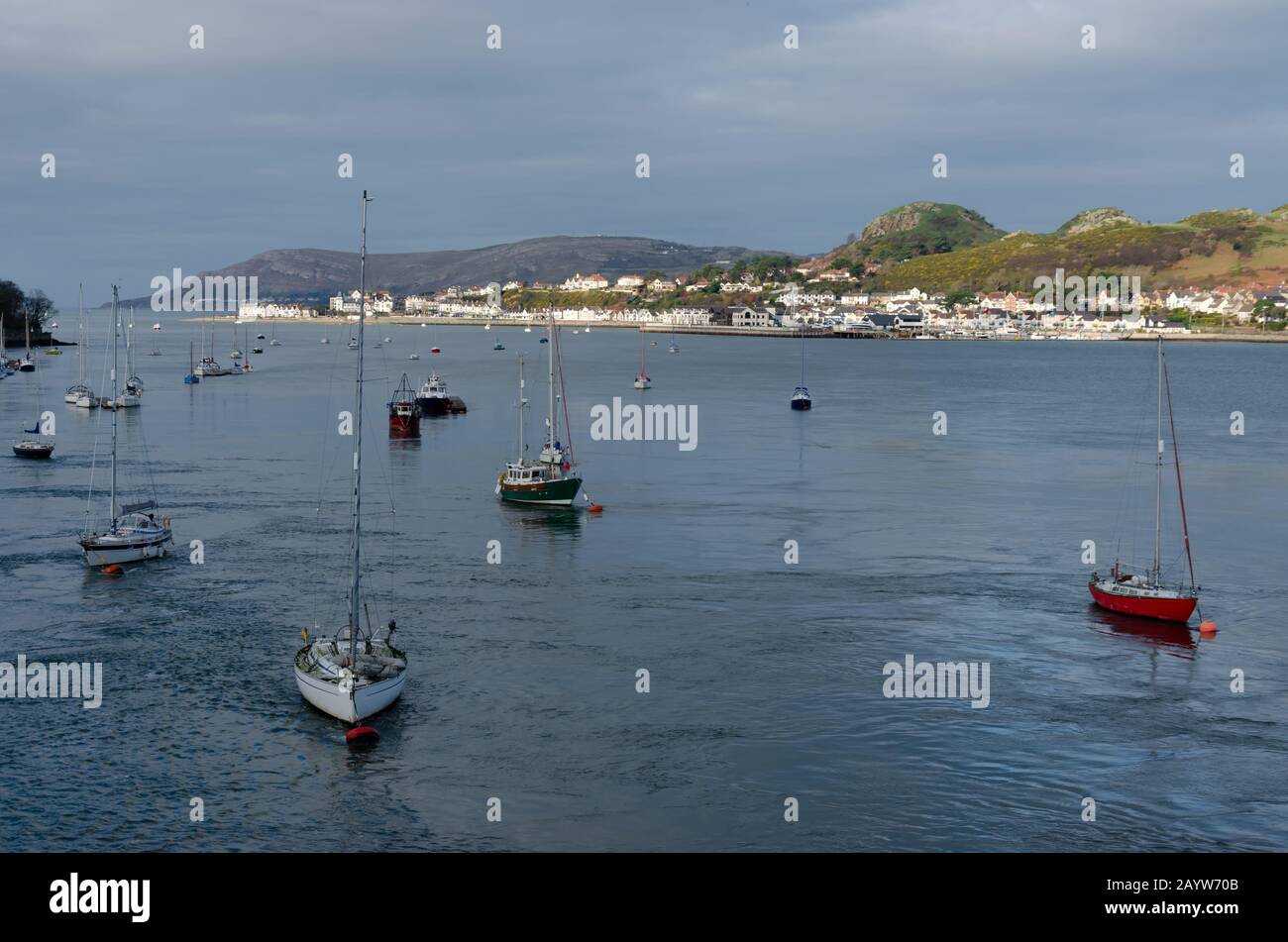 Bateaux à voile sur l'estuaire de la Conwy de la rivière avec la ville de Deganwy et la Grande Orme en arrière-plan. Banque D'Images