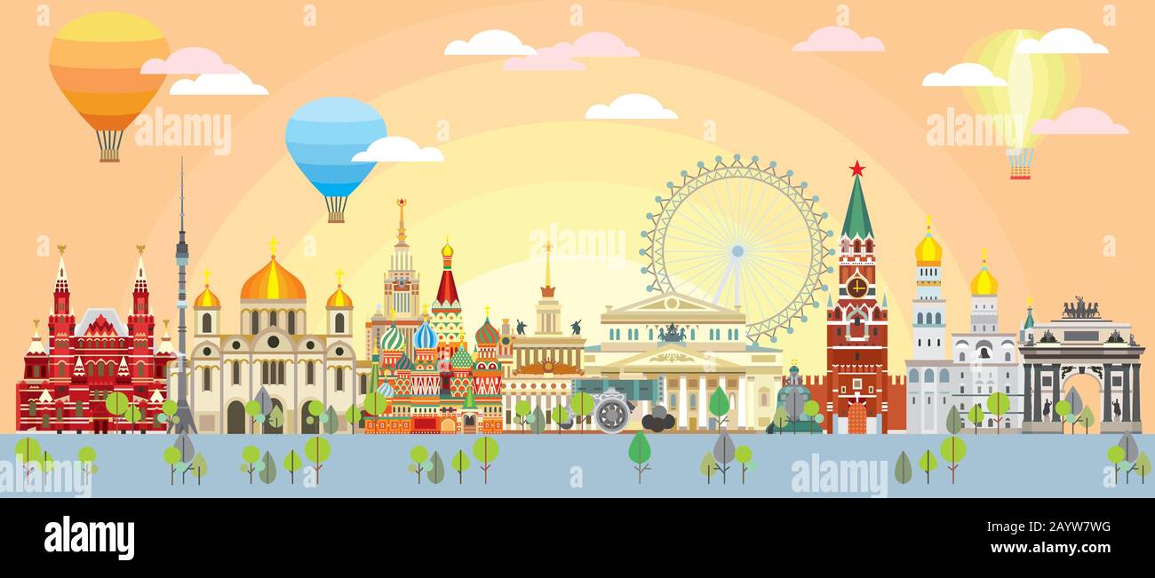 Vue panoramique horizontale sur les gratte-ciel de Moscou avec les principaux monuments architecturaux de style plat. Concept de voyage dans le monde entier. Terre de Moscou Illustration de Vecteur