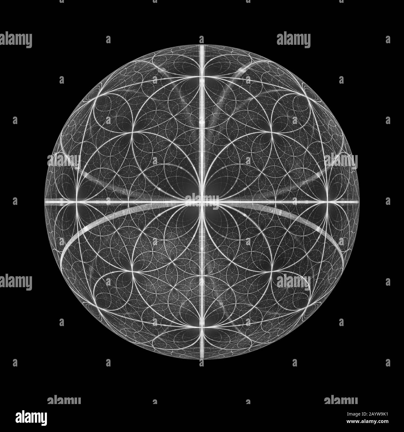 Boule de cercles fibonacci brillant, fractale abstrait généré par ordinateur, isolée sur le noir, rendu tridimensionnel Banque D'Images