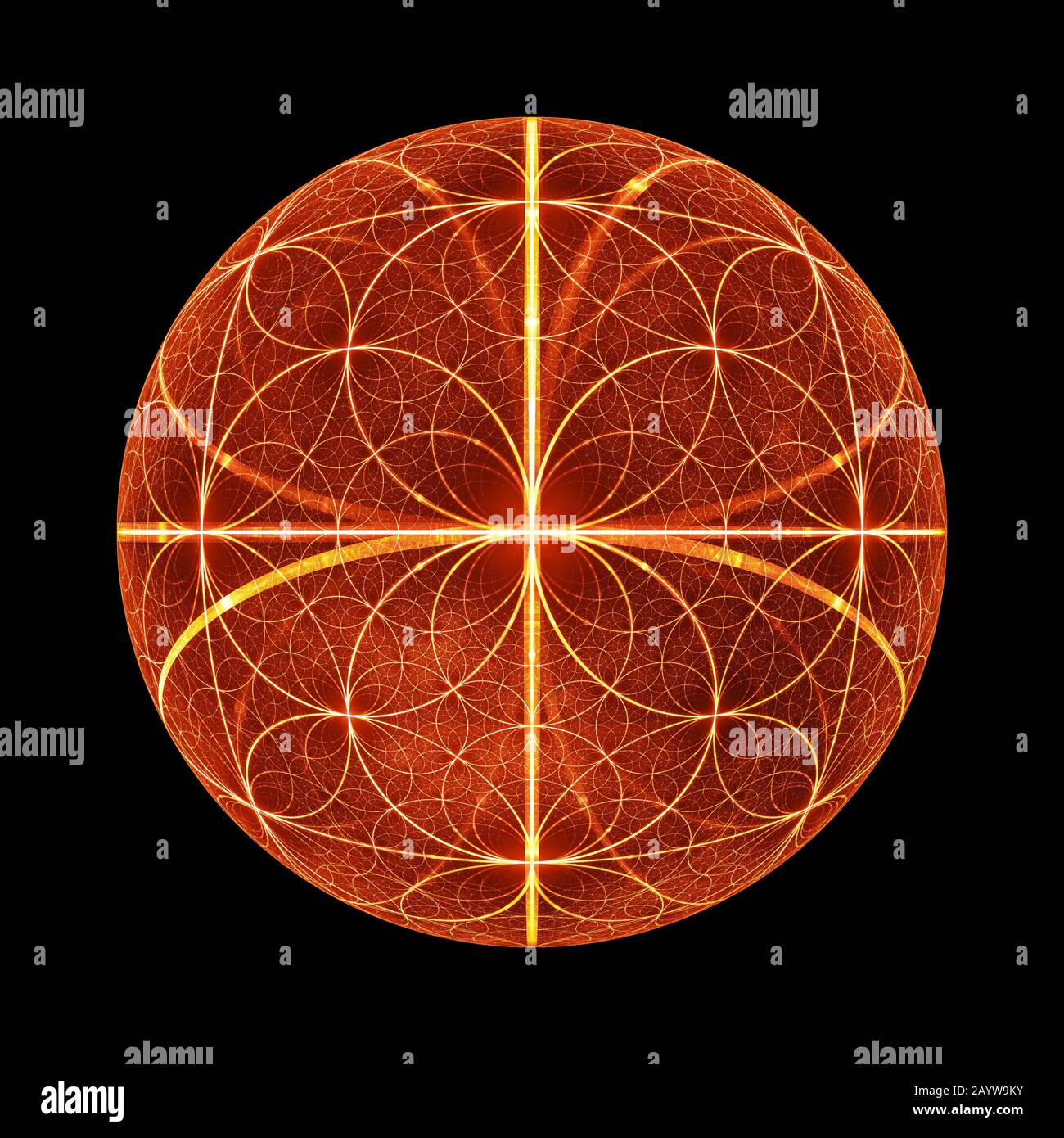 Boule de cercles fibonacci brillant, fractale abstraite généré par ordinateur, isolée sur le rendu noir, tridimensionnel Banque D'Images