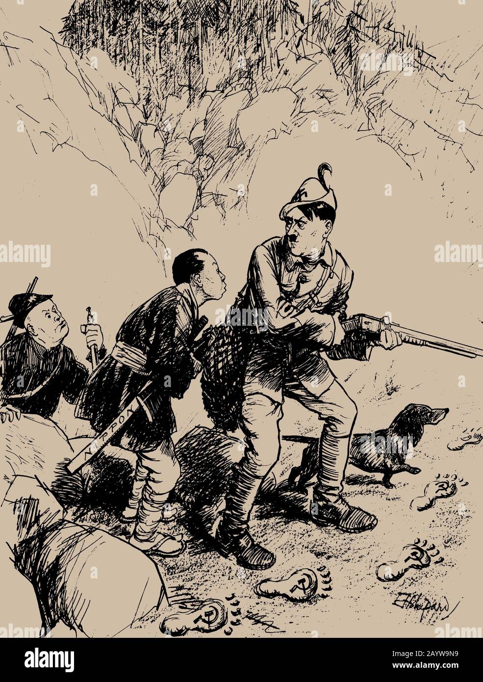 Chasse au Bugbear. Adolf: 'Come Along, Musso! Vous êtes là ! ». Poinçon, 25 Novembre 1936. Musée: COLLECTION privée. AUTEUR: ERNEST HOWARD SHEPARD. Banque D'Images