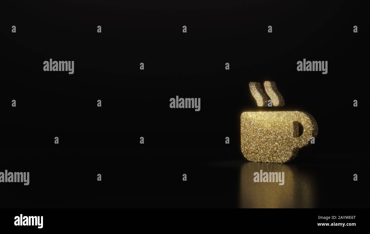 Mug à paillettes dorées avec boisson chaude, rendu en relief sur fond noir foncé avec réflexion floue avec paillettes Banque D'Images